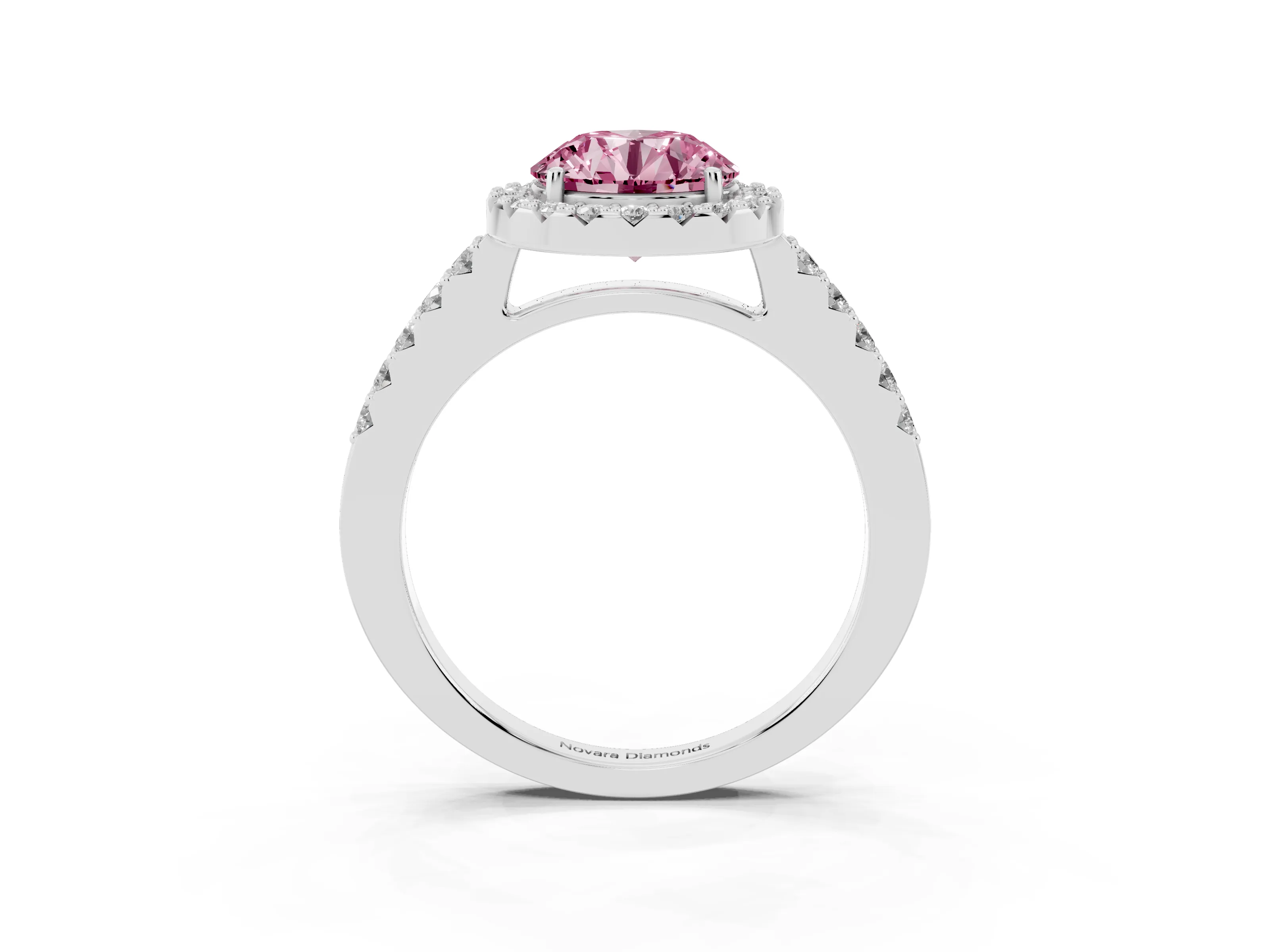 Fancy Pink Round Cut Diamond Halo Pavé Solitaire Ring Set in Silver with Prong-Set Center Stone