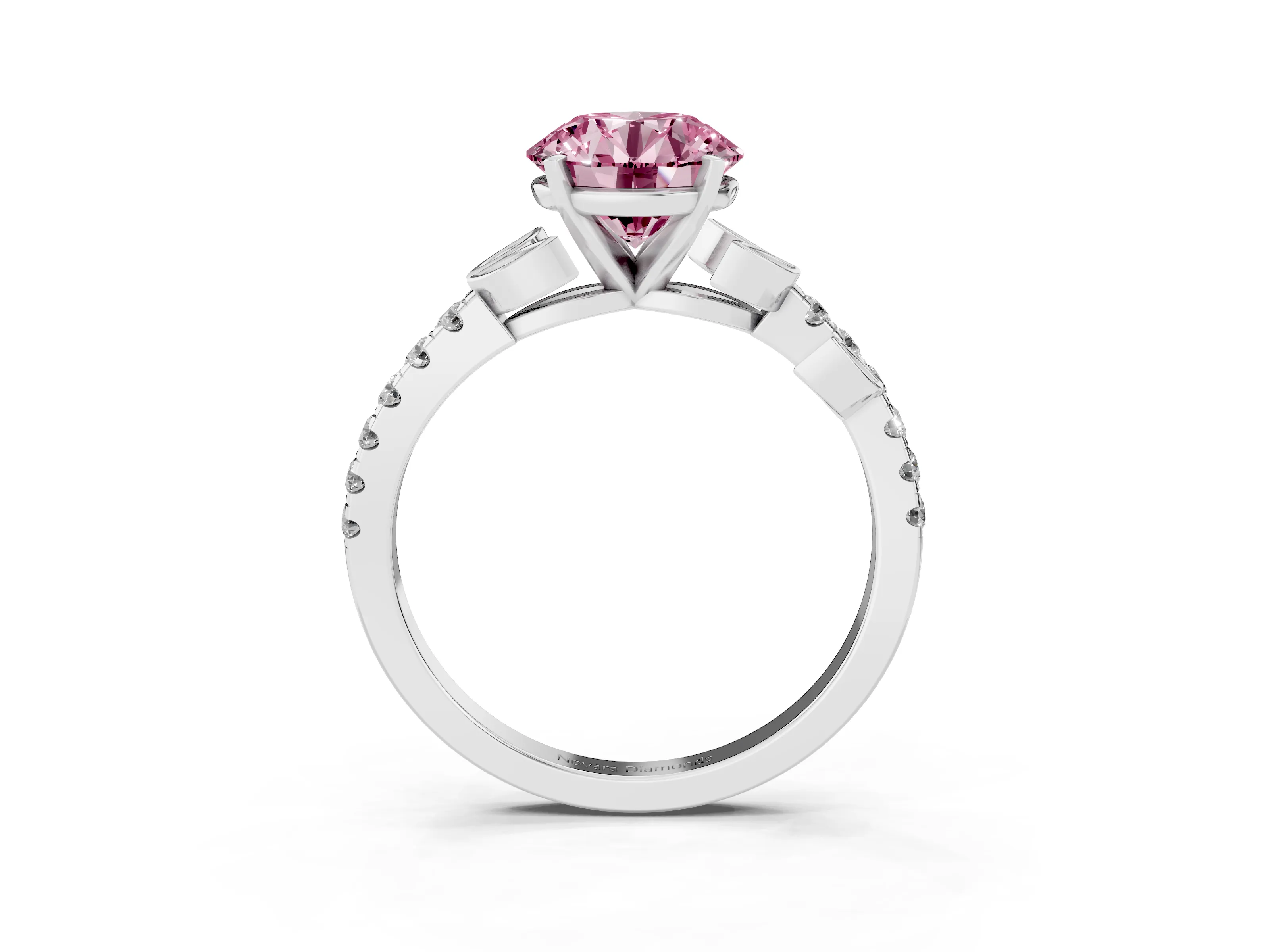 Fancy Pink Round Cut Diamond Solitaire Leaf-Inspired Ring Set in Platinum with Pavé Band and Prong Setting