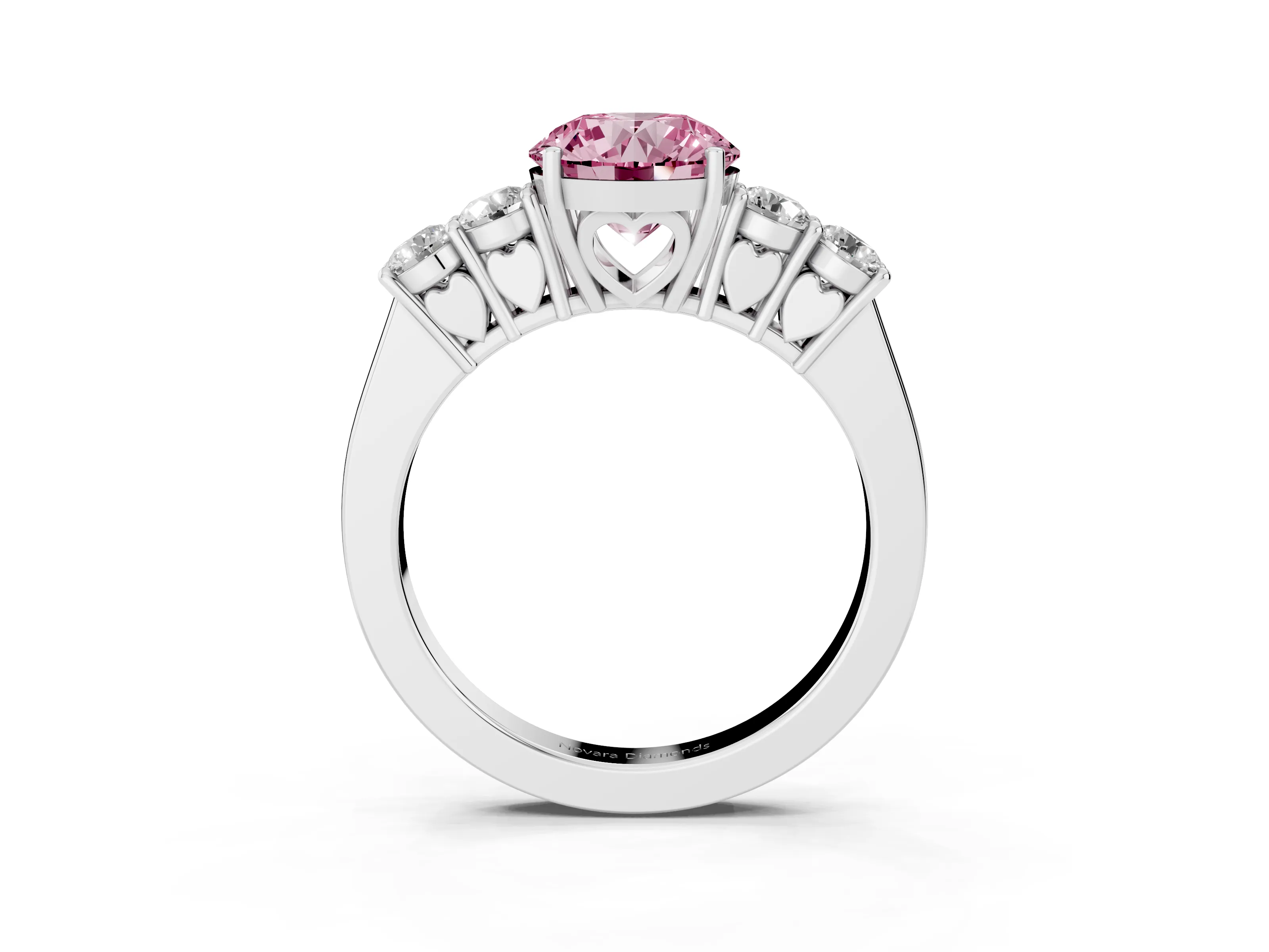 Fancy Pink Round Cut Diamond Five-Stone Prong Set Band Ring Set in Silver with Polished Band