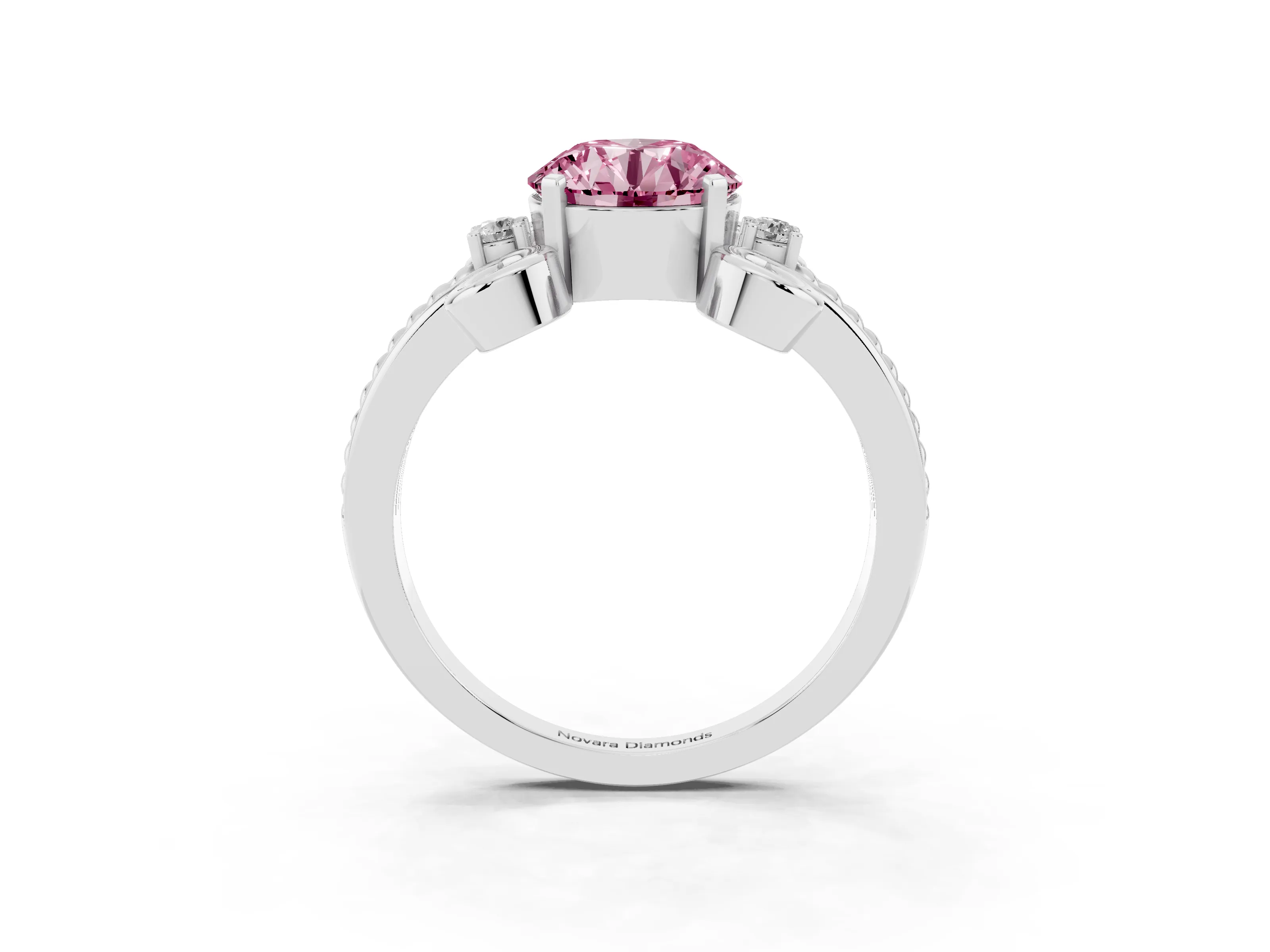 Fancy Pink Round Cut Diamond Twisted Band Solitaire Ring Set in Platinum with Scroll Prongs