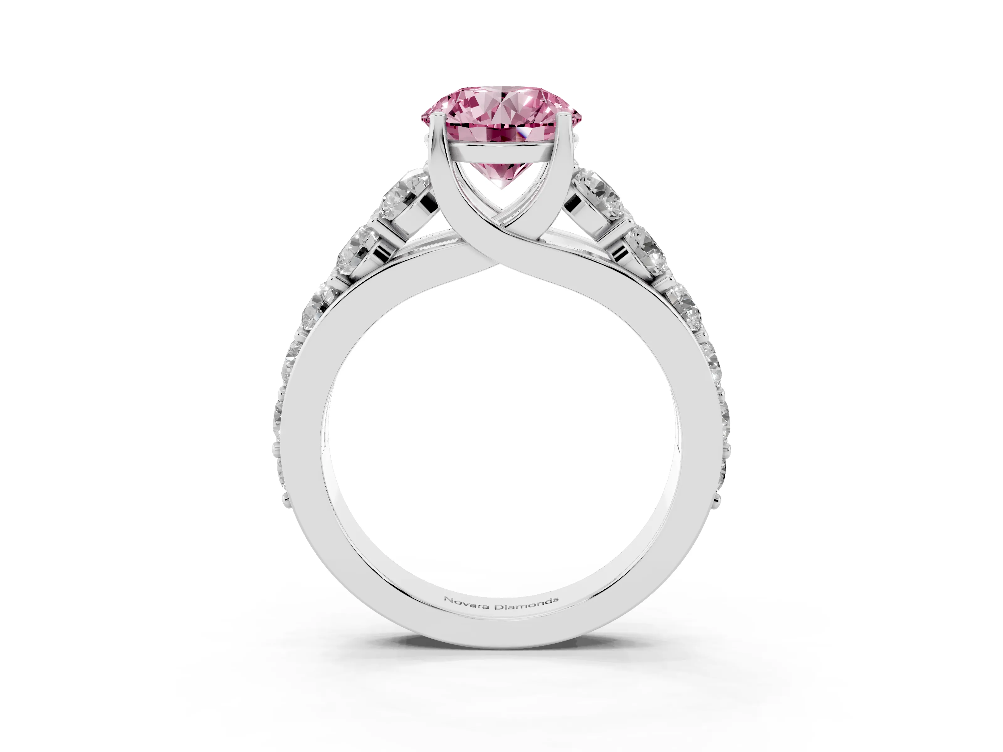 Fancy Pink Round Cut Diamond Pavé Engagement Ring Set in Silver with Prong Setting
