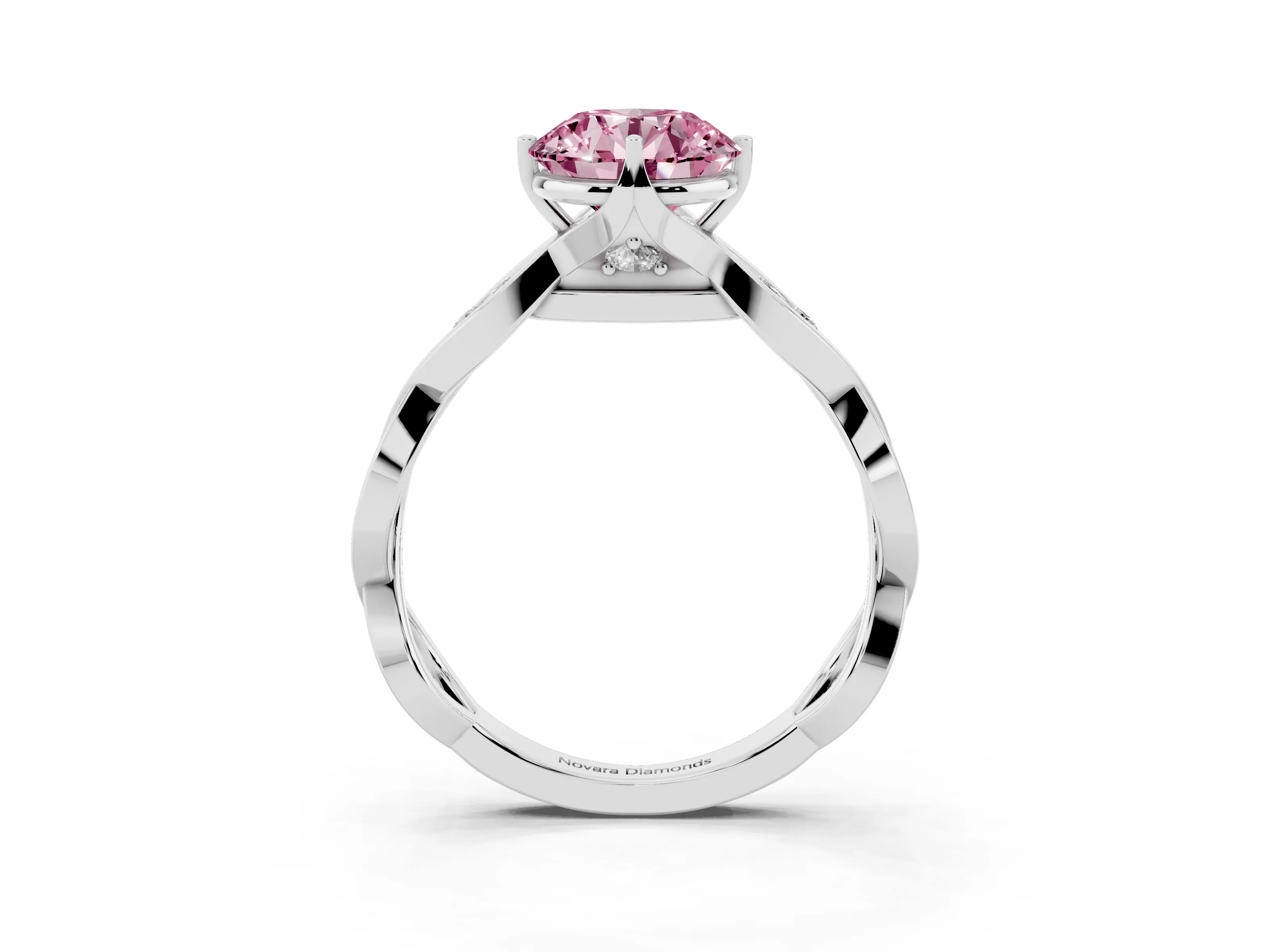 Fancy Pink Round Cut Diamond Twist Band Solitaire Ring Set in Silver with Leaf Prong Setting and Accent Stones