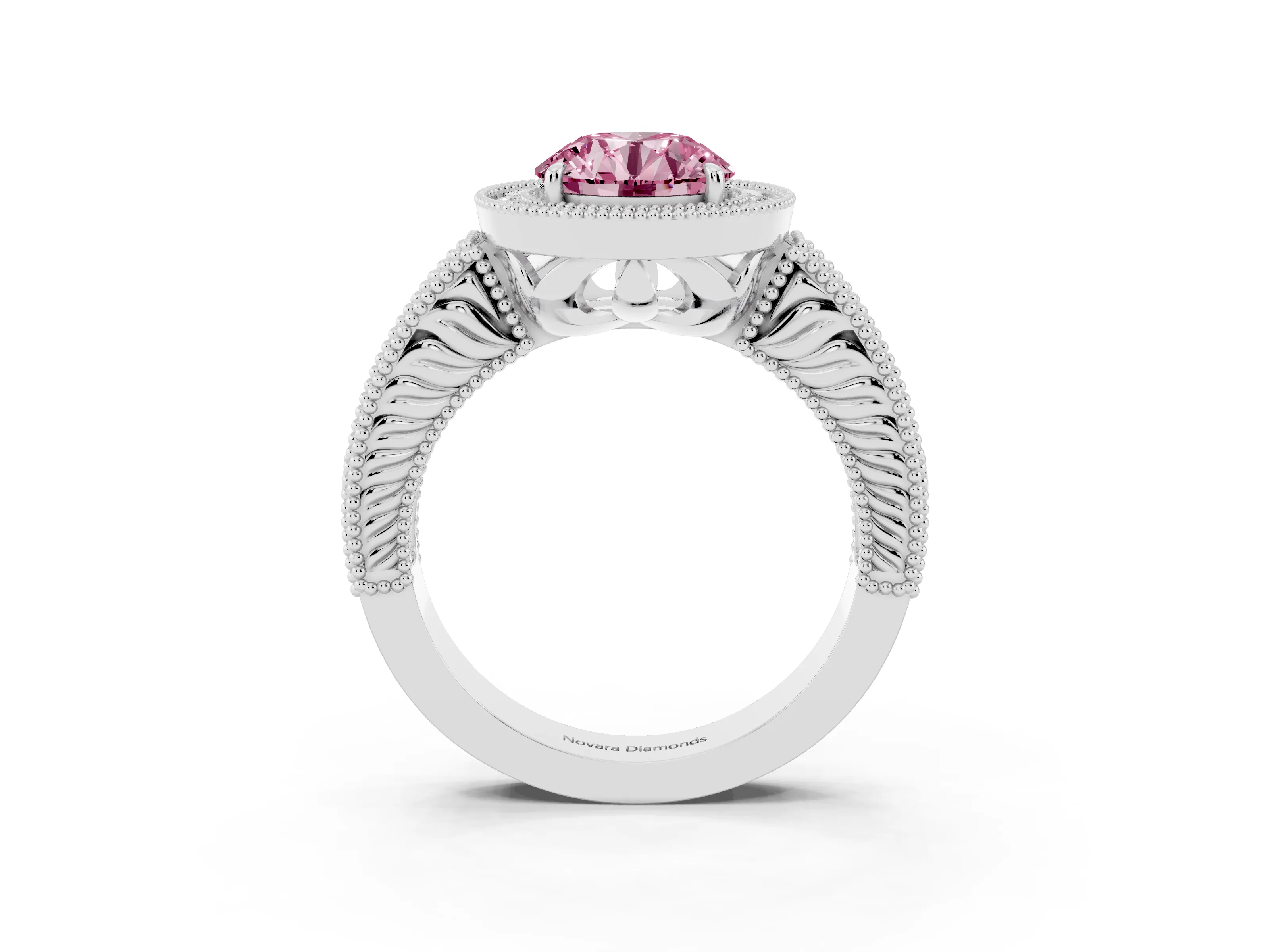Fancy Pink Round Cut Diamond Halo Ring Set in White gold with Round Accent Halo, Pavé Band and Prong Setting