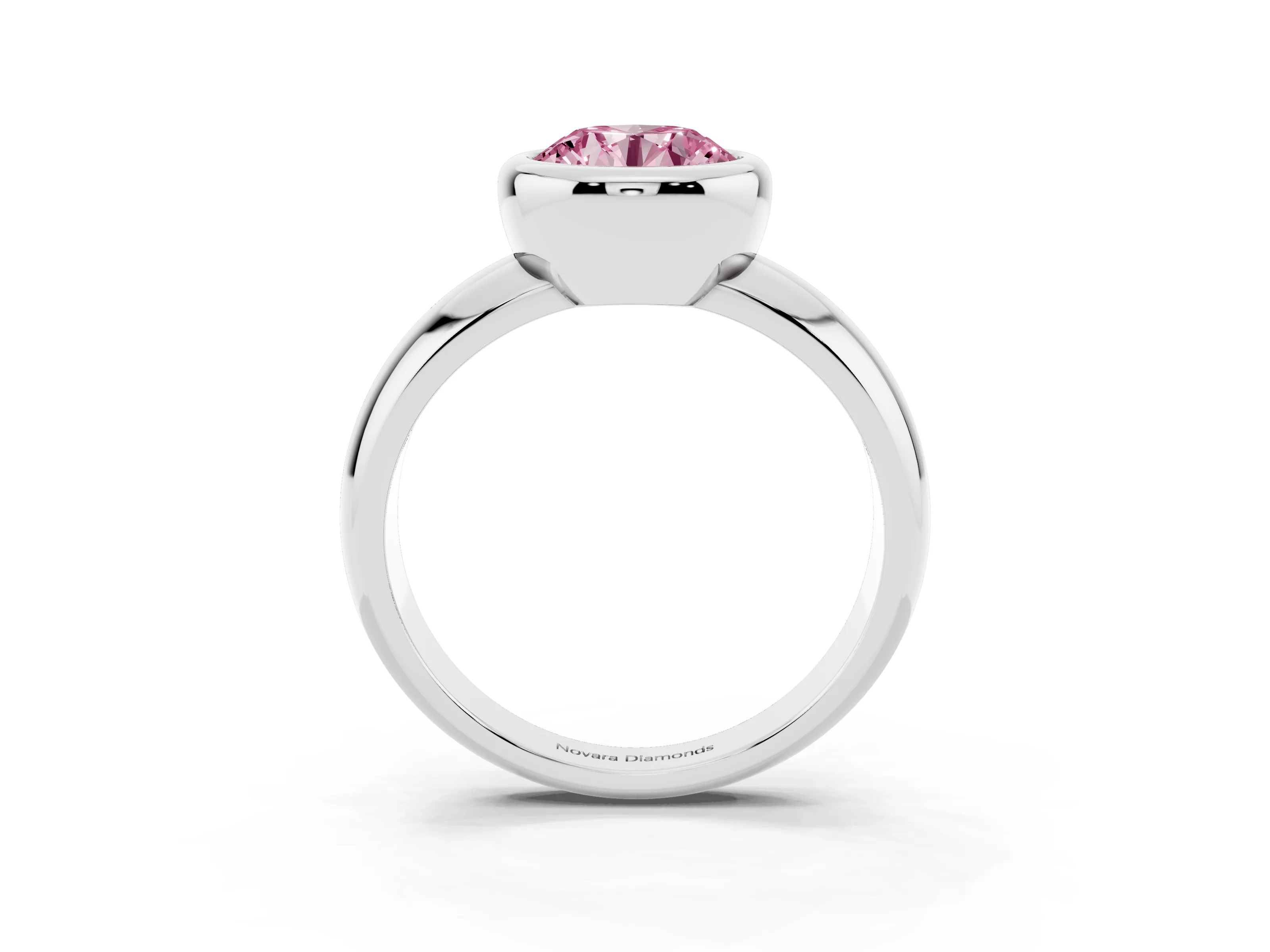 Fancy Pink Bezel Set Round Cut Diamond Solitaire Ring Set in Platinum with Wide Band