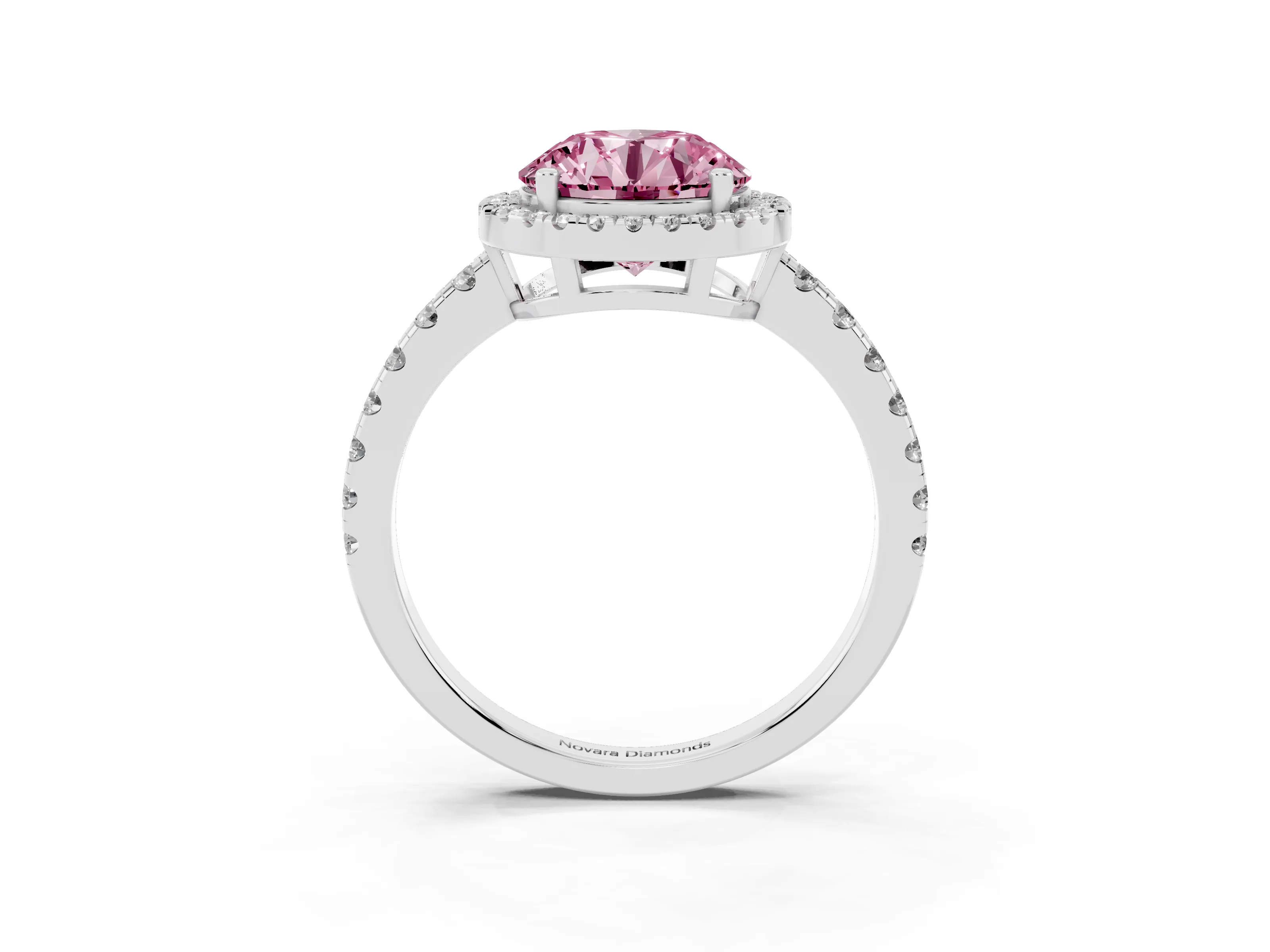 Fancy Pink Round Cut Diamond Halo Ring Set in Platinum with Delicate Pavé Band and Prong Setting