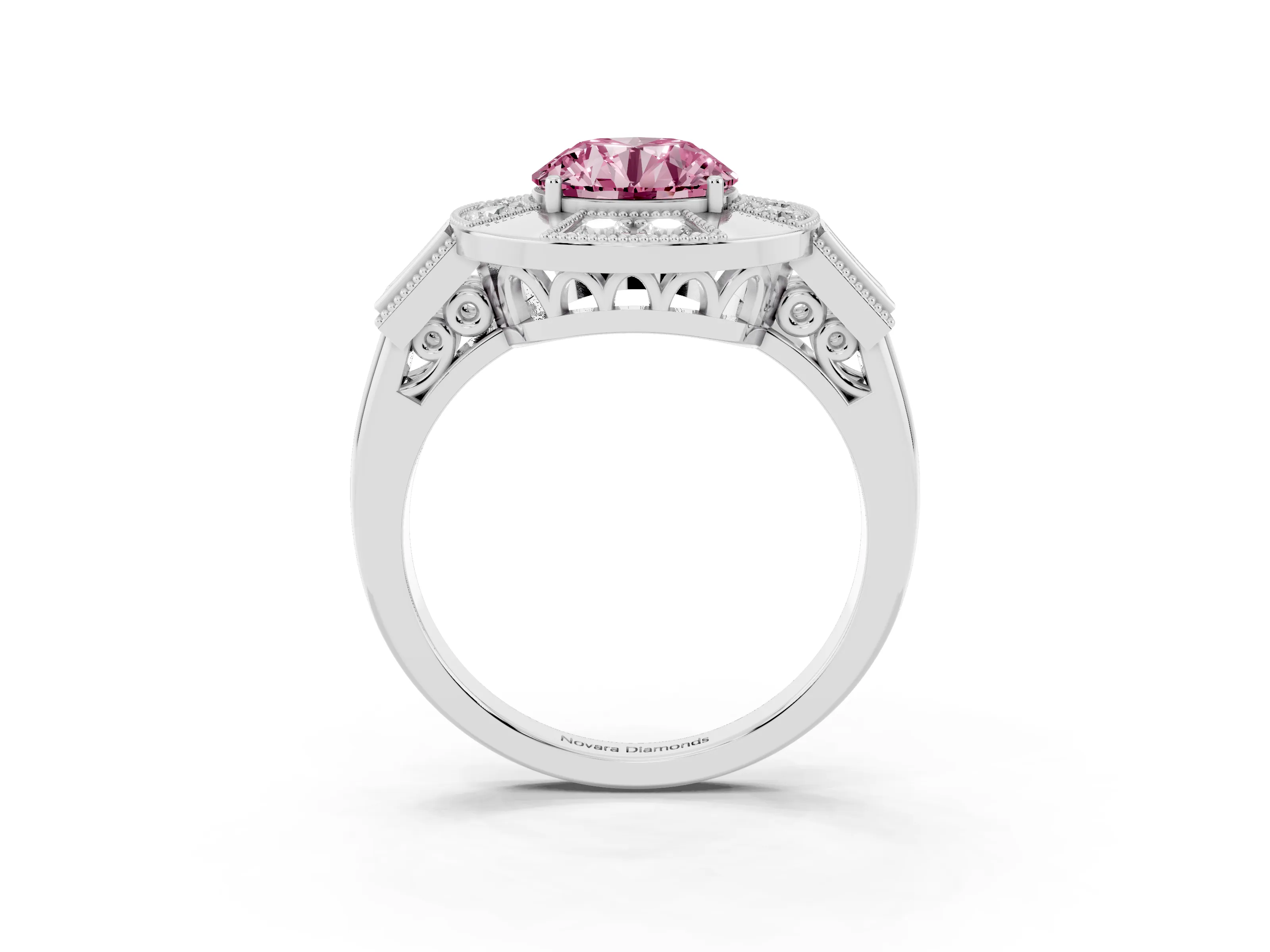 Fancy Pink Round Cut Diamond Milgrain Halo Ring Set in Platinum with Split Shank