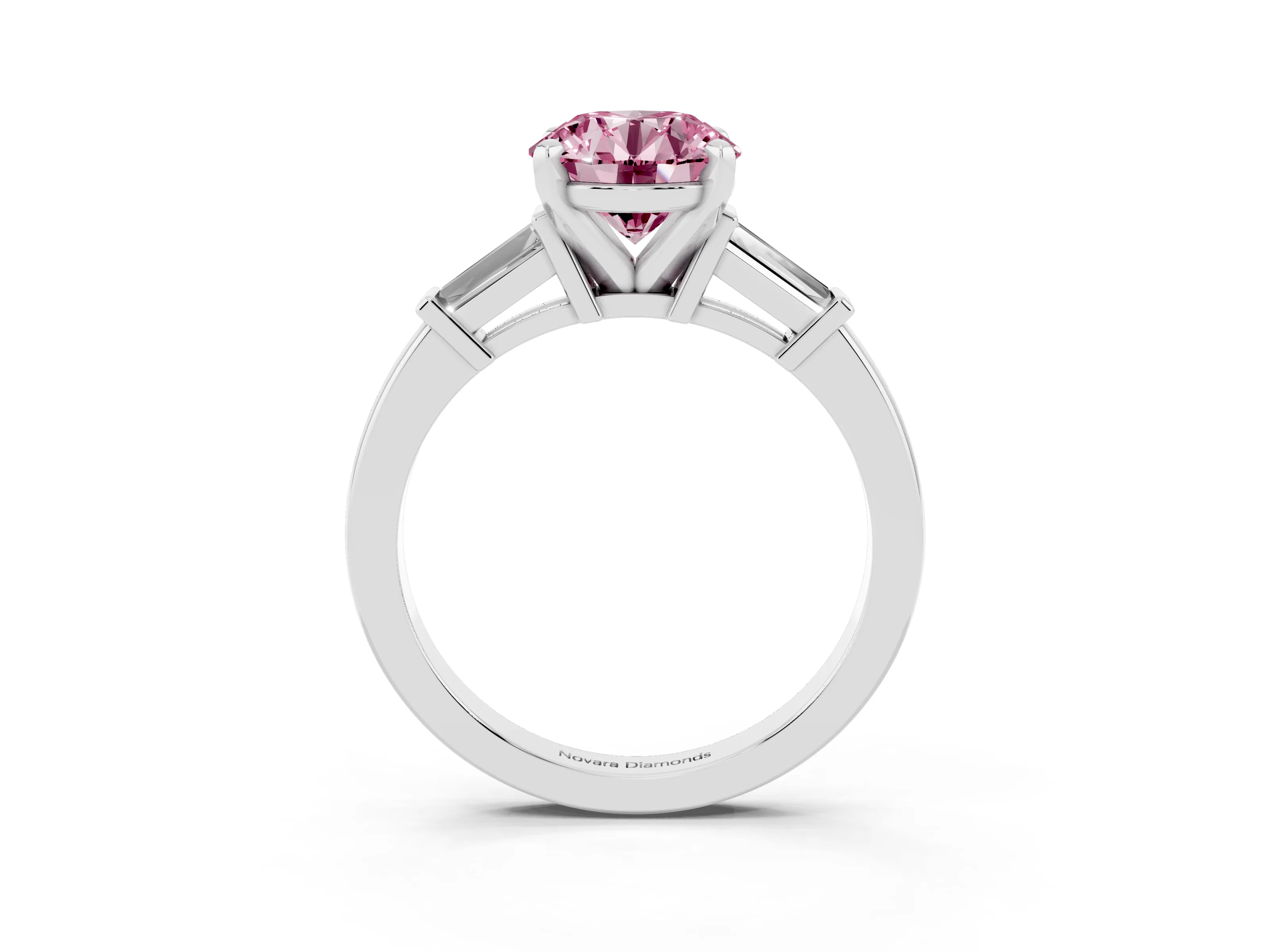 Fancy Pink Round Cut Diamond Solitaire Ring Set in Silver with Tapered Baguette Accents and Prong Setting