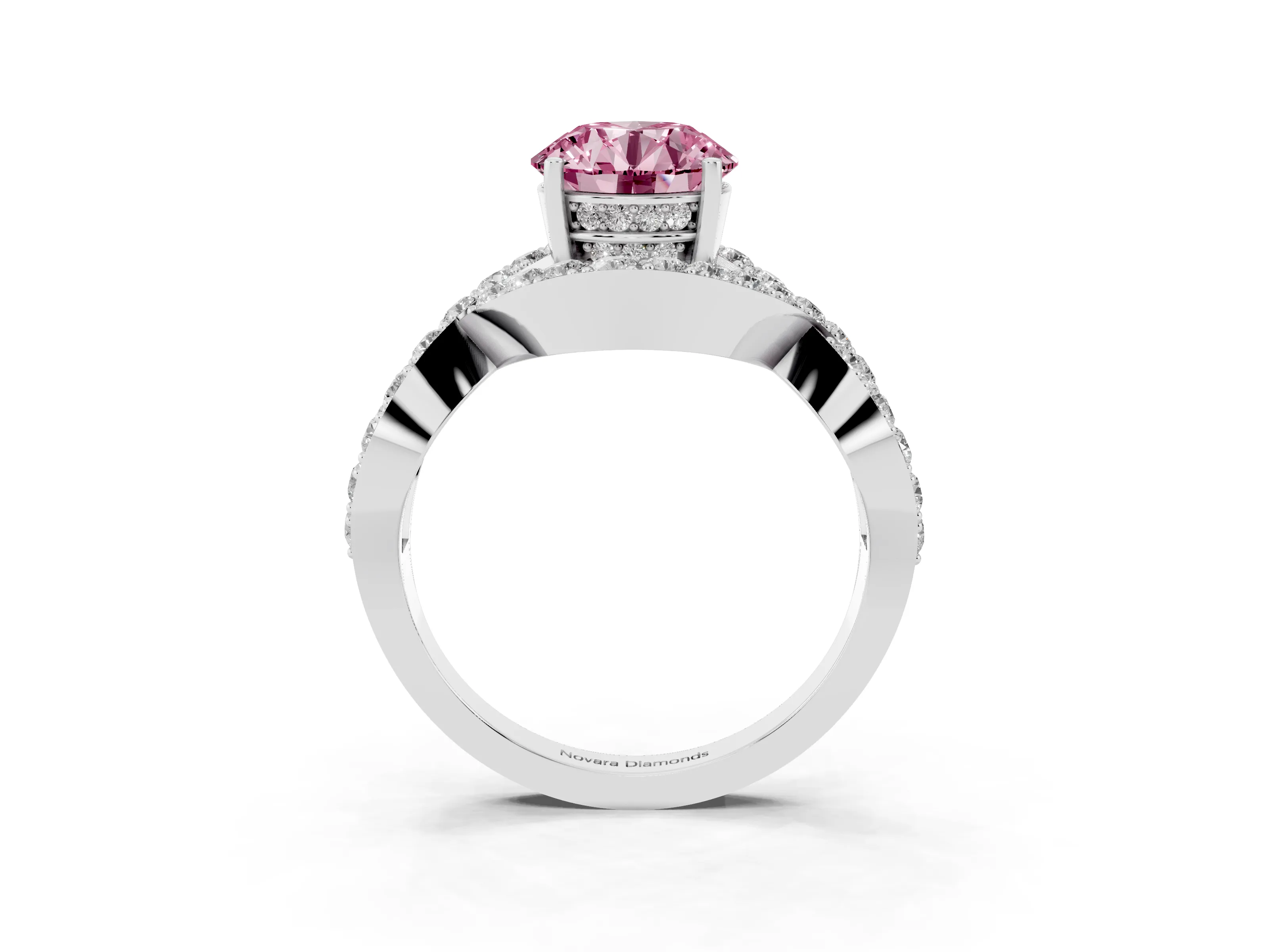 Fancy Pink Round Cut Diamond Solitaire Twist Band Pavé Engagement Ring Set in White gold
