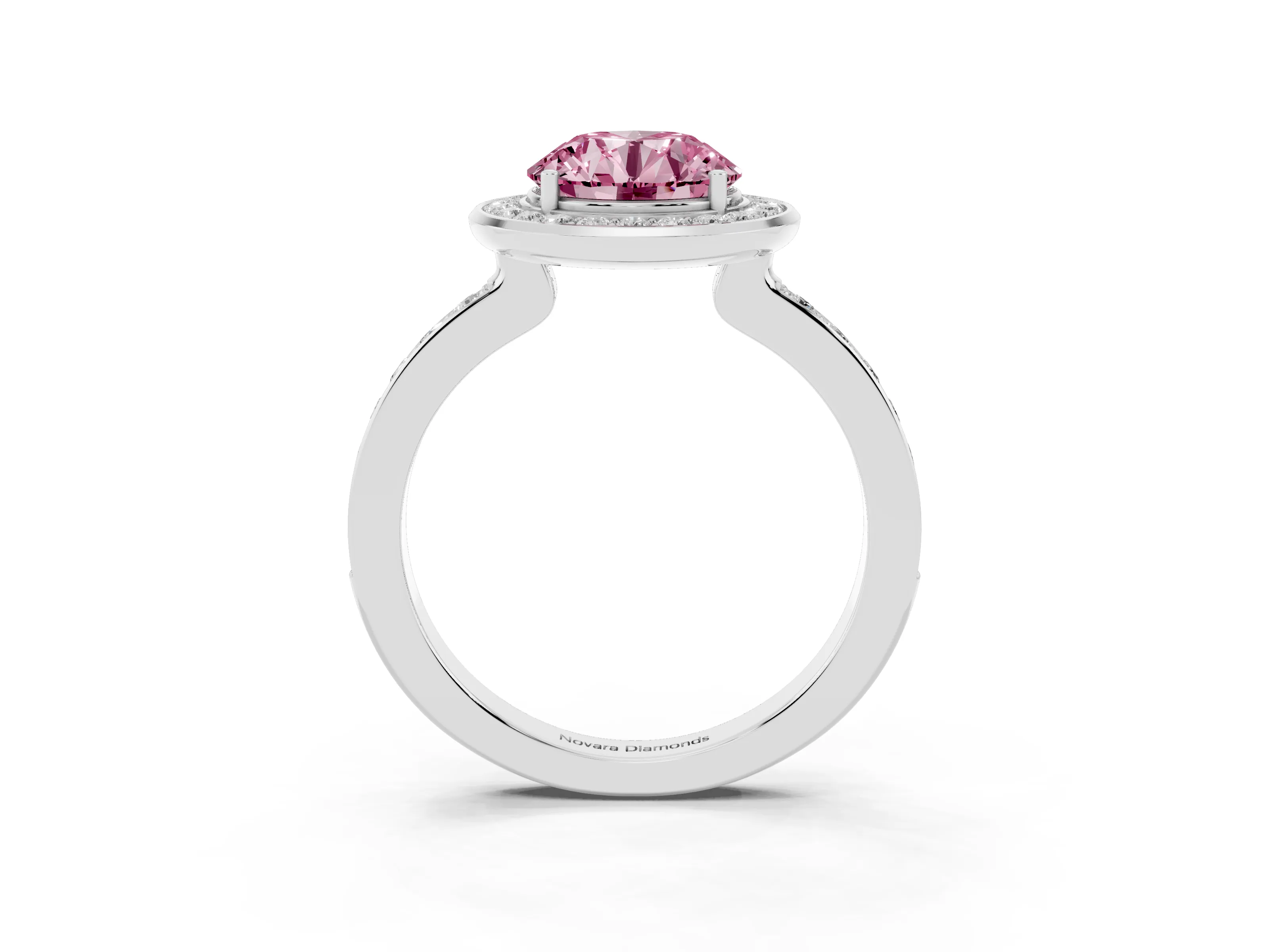 Fancy Pink Round Cut Diamond Halo Ring Set in Silver with Bezel Frame and Pavé Band