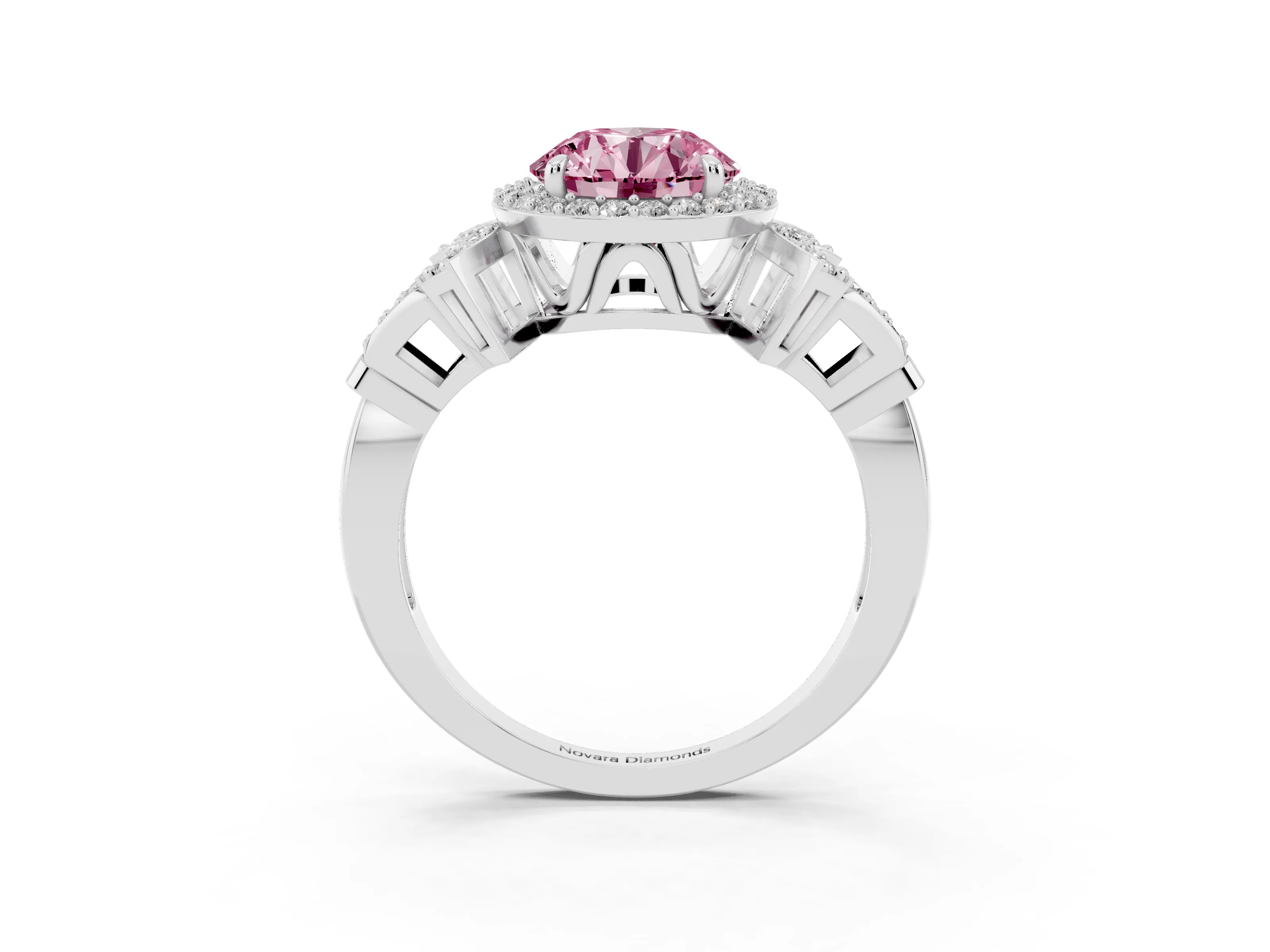 Fancy Pink Round Cut Diamond Halo Engagement Ring Set in Silver with Accent Stone Split Shank