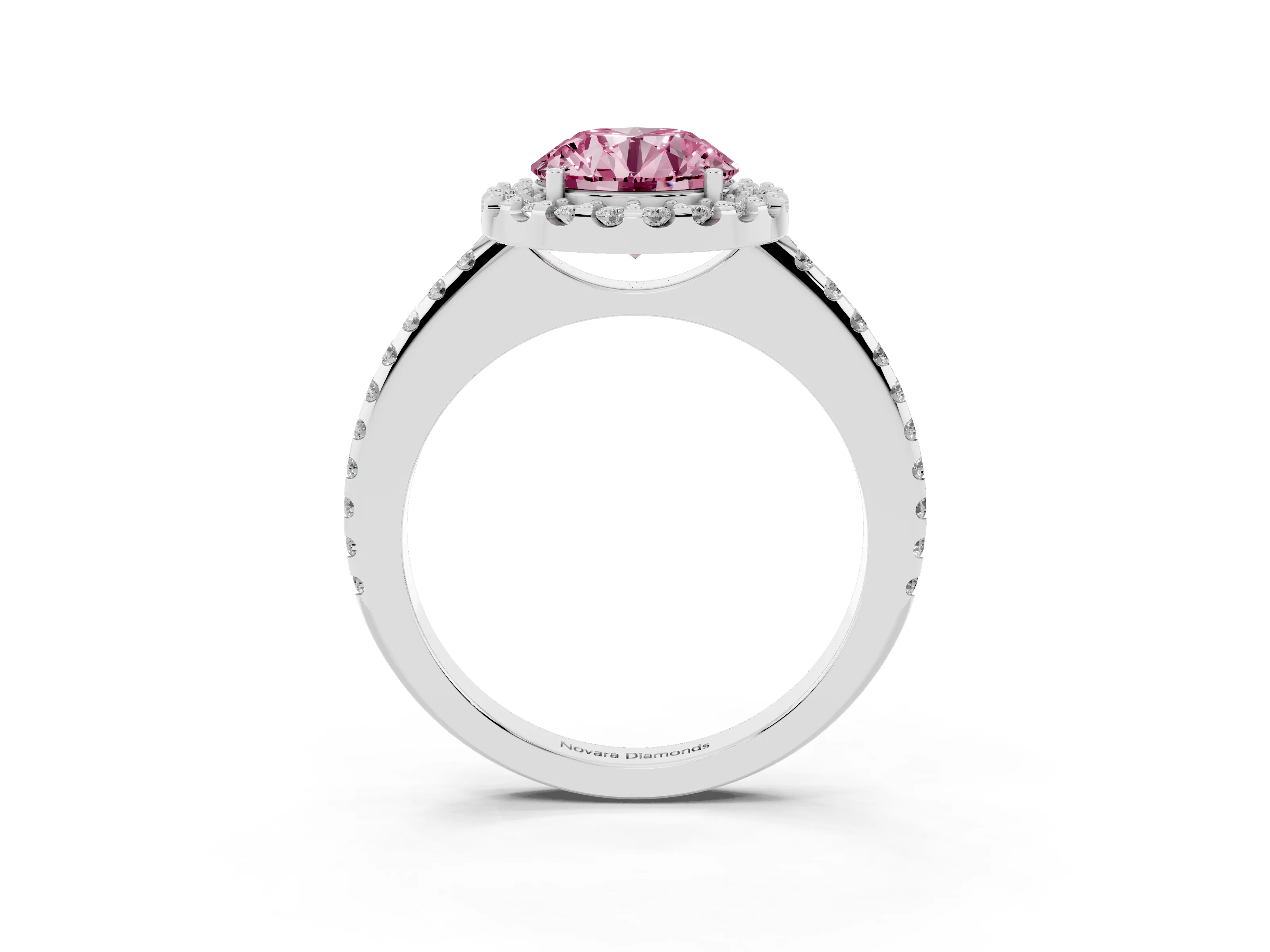 Fancy Pink Round Cut Diamond Pavé Halo Ring Set in Silver with Prong Setting