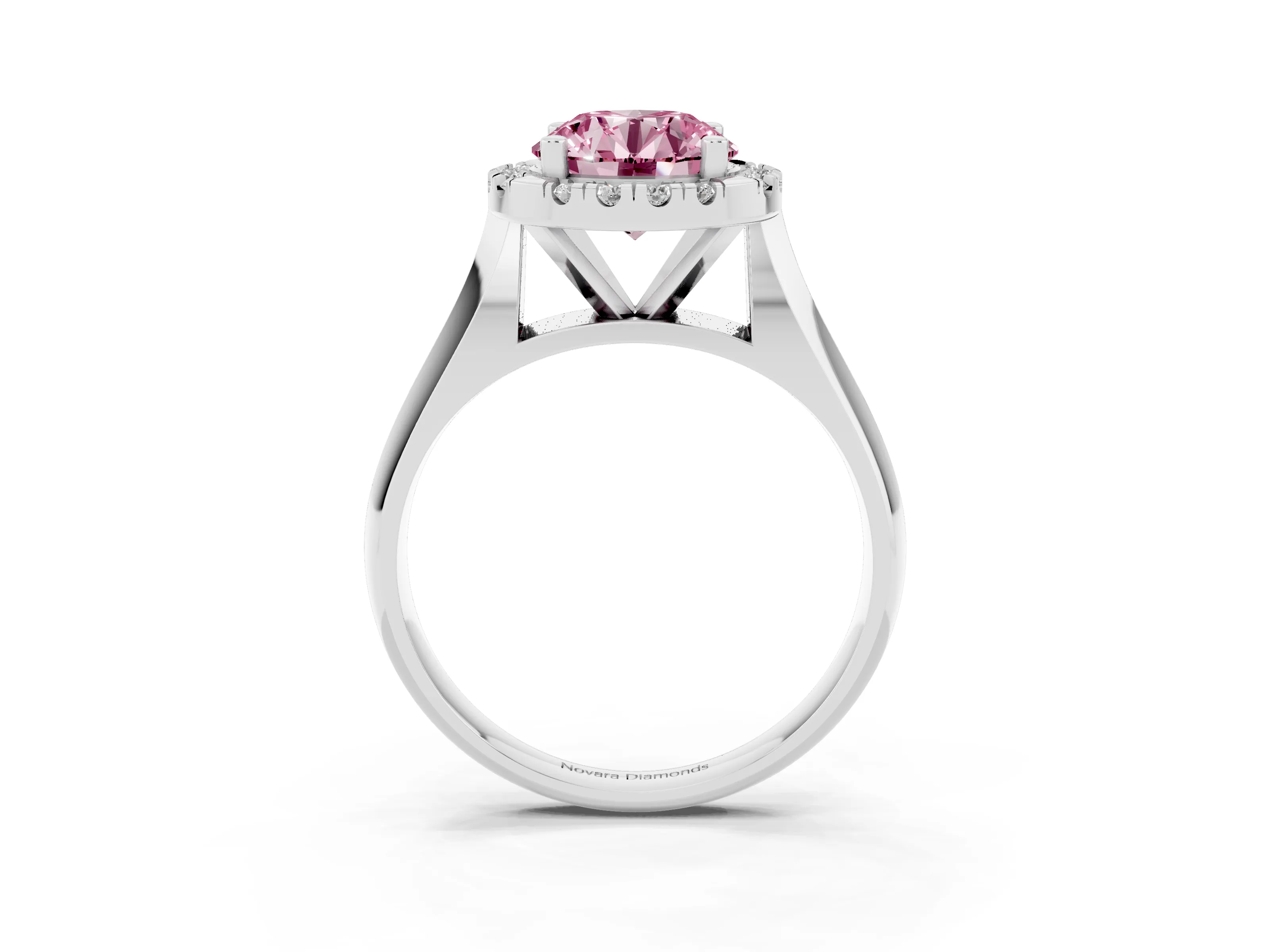 Fancy Pink Round Cut Diamond Halo Solitaire Engagement Ring Set in White gold with Square Band and Prong Setting