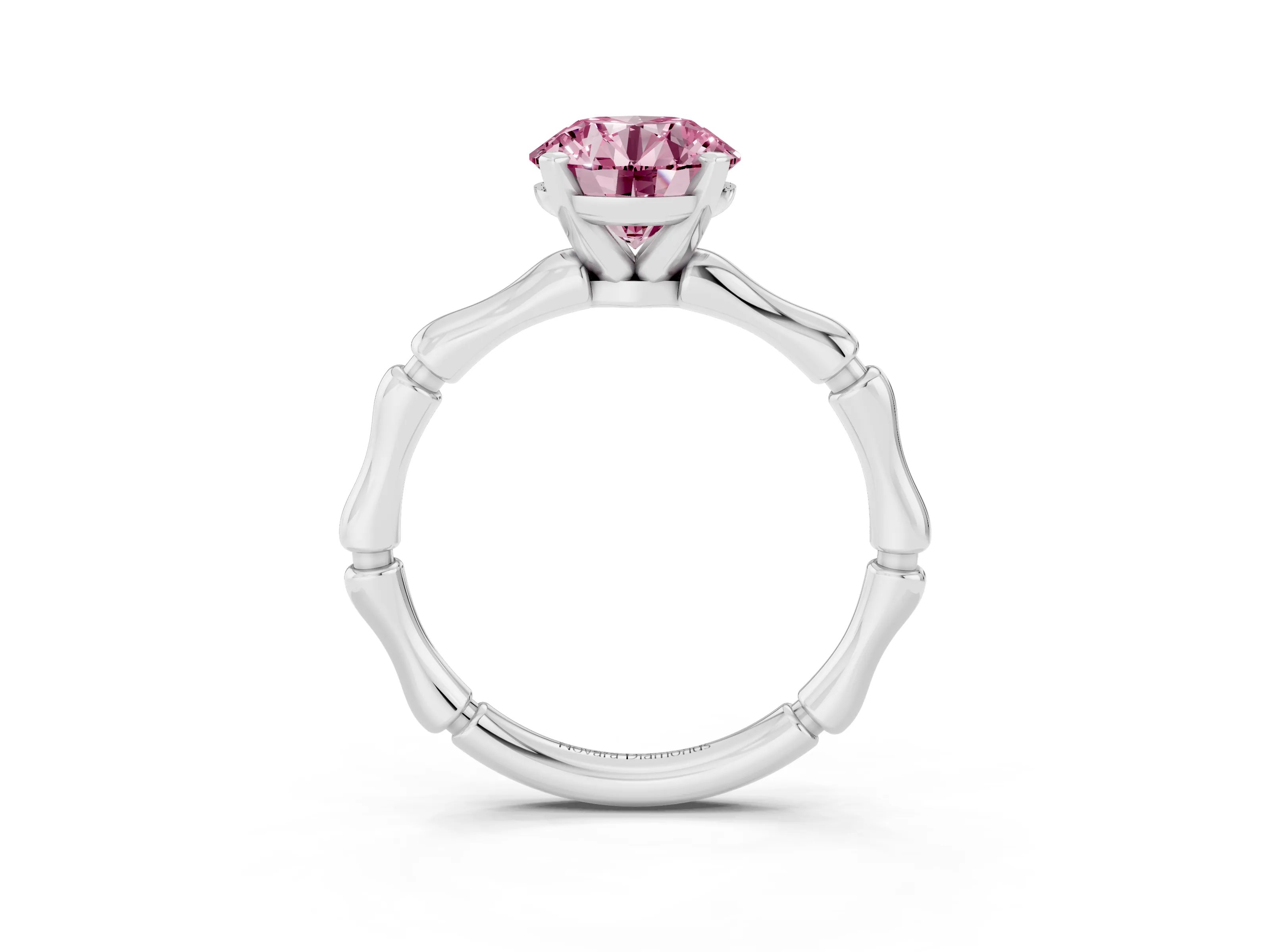 Fancy Pink Round Cut Diamond Solitaire Ring Set in Platinum with Bamboo Band and Prong Setting