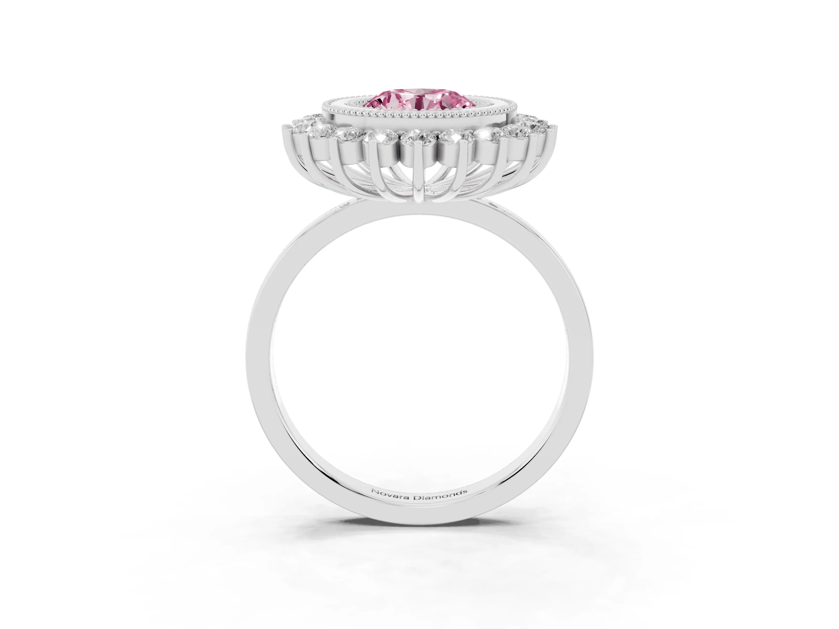 Fancy Pink Round Cut Diamond Halo Ring Set in Silver with Milgrain Edge and Round Prong Setting