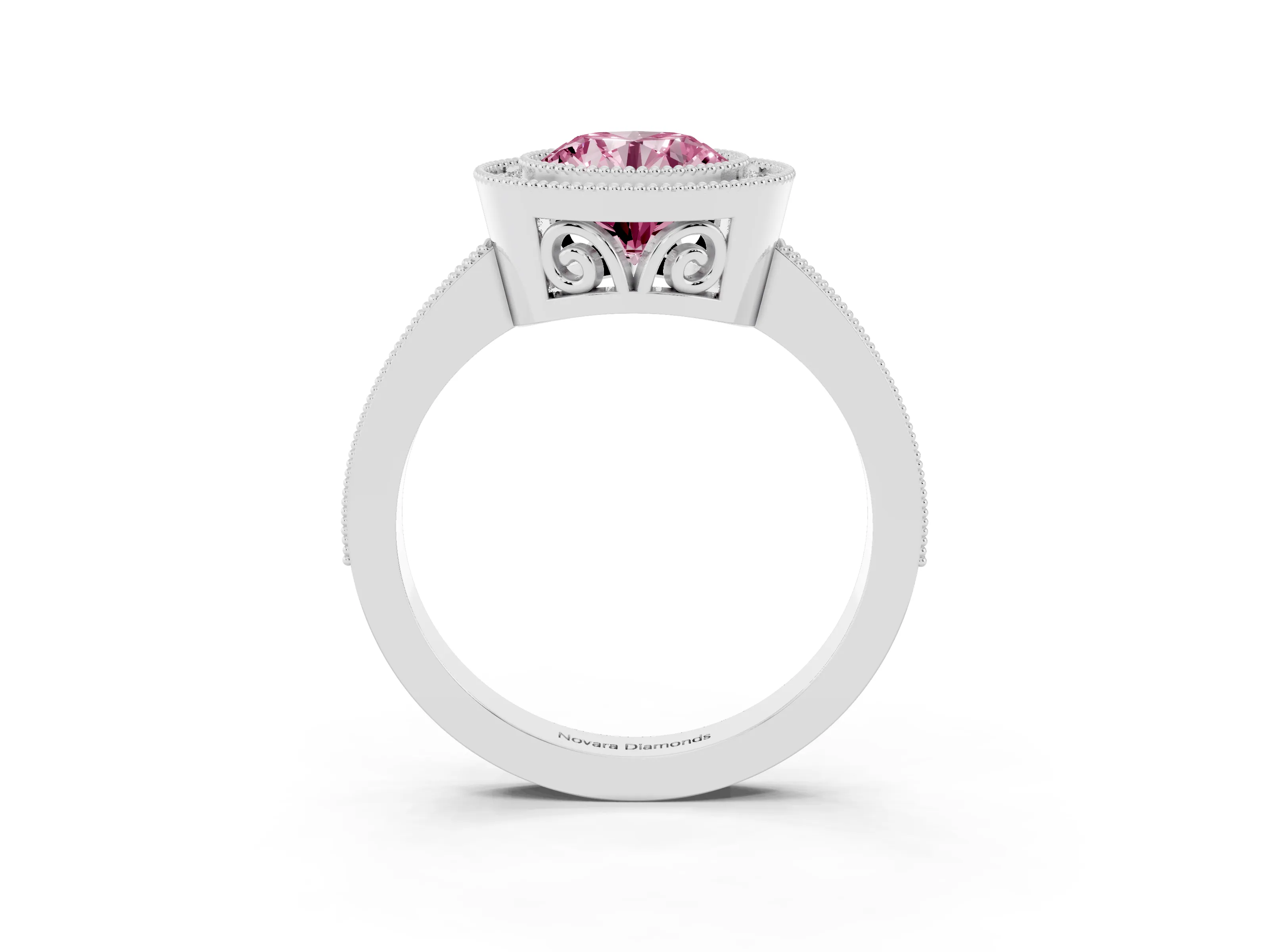 Fancy Pink Round Cut Diamond Halo Ring Set in Platinum with Pavé Band and Milgrain-Edged Prongs