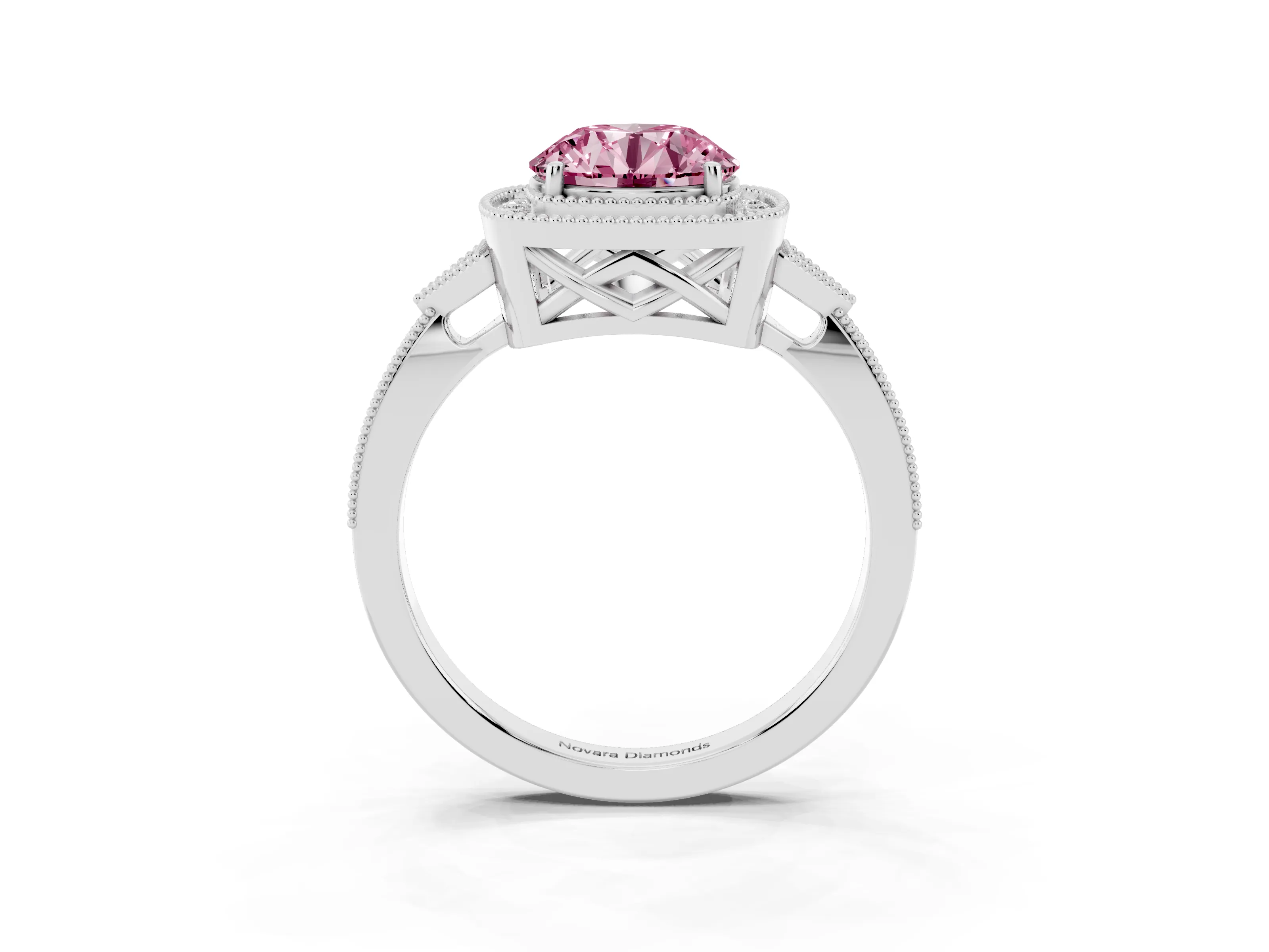 Fancy Pink Round Cut Diamond Halo Engagement Ring Set in White gold with Milgrain Pavé Band