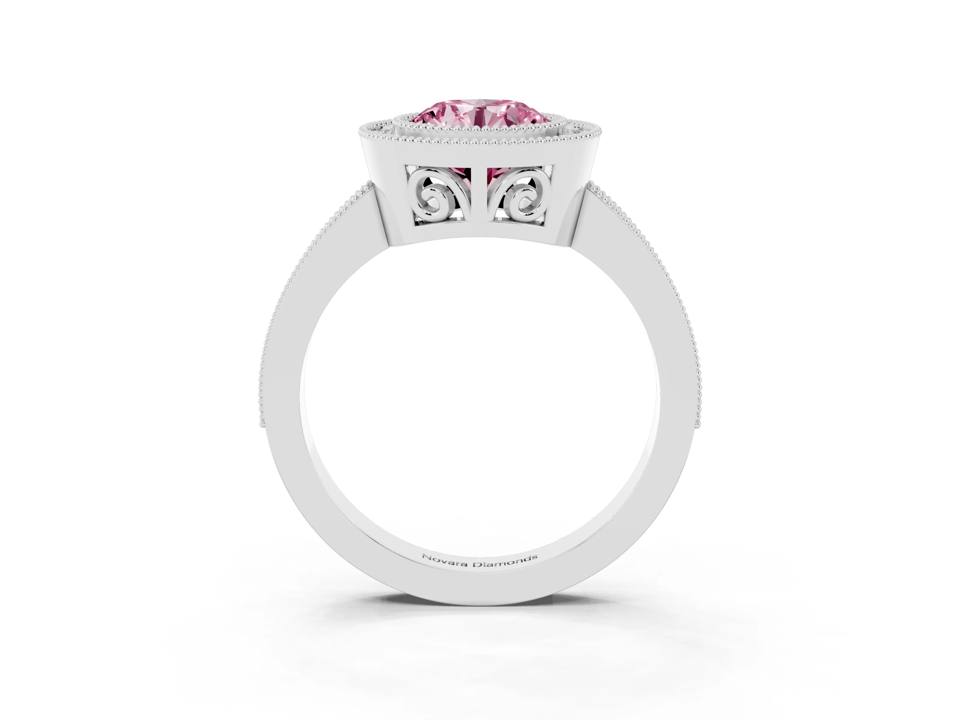 Fancy Pink Round Cut Diamond Round Halo Ring Set in White gold with Pavé Band