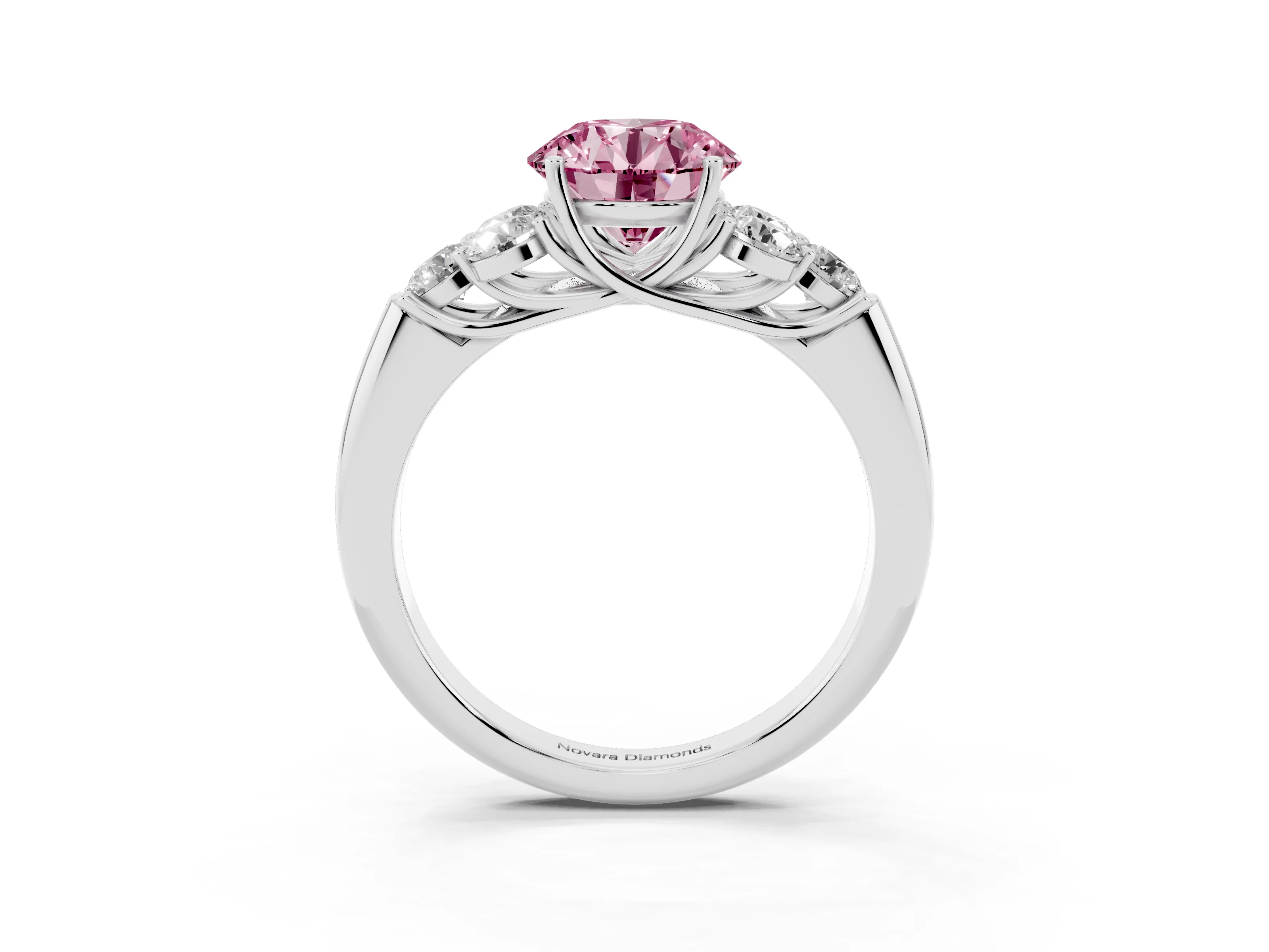 Fancy Pink Round Cut Diamond Cluster Ring Set in Silver with Round Accent Stones and Prong Setting on a Plain Band