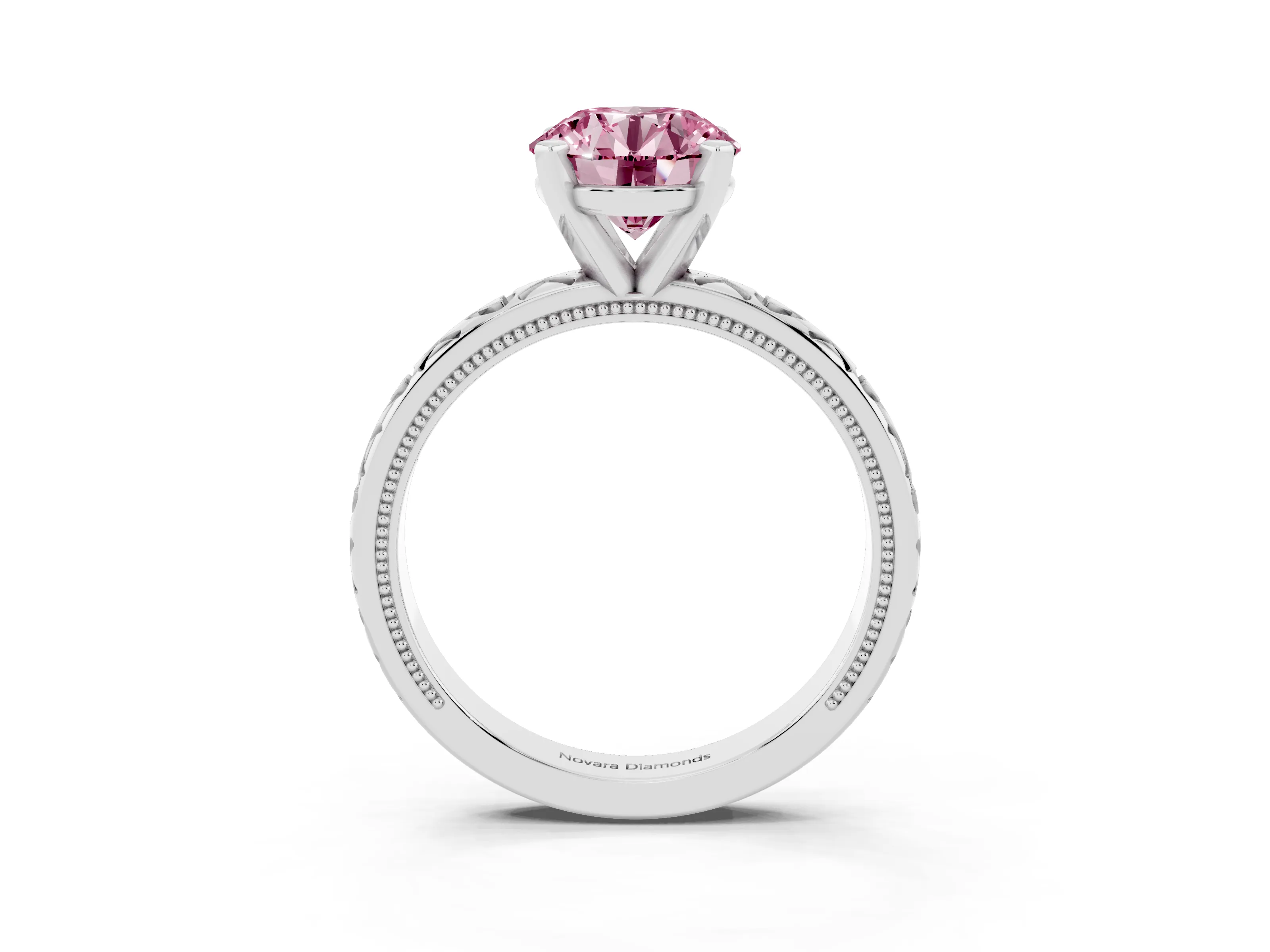 Fancy Pink Round Cut Diamond Solitaire Engagement Ring Set in White gold with XO Engraved Band and Prong Setting