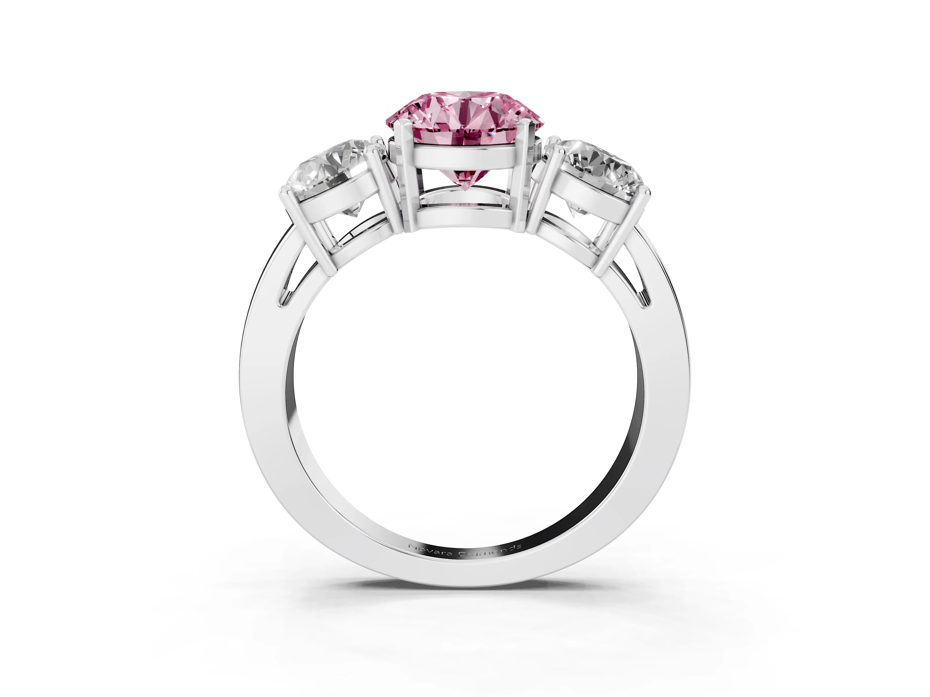 Fancy Pink Round Cut Diamond Three-Stone Ring Set in Silver with Round Side Stones and Classic Band