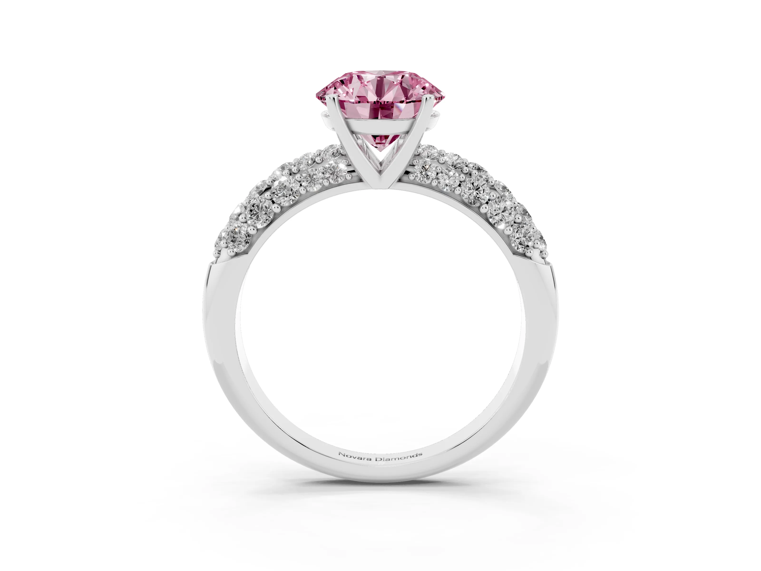 Fancy Pink Round Cut Diamond Pavé Band Solitaire Ring Set in Platinum with Close-Set Accent Stones and Prong Setting