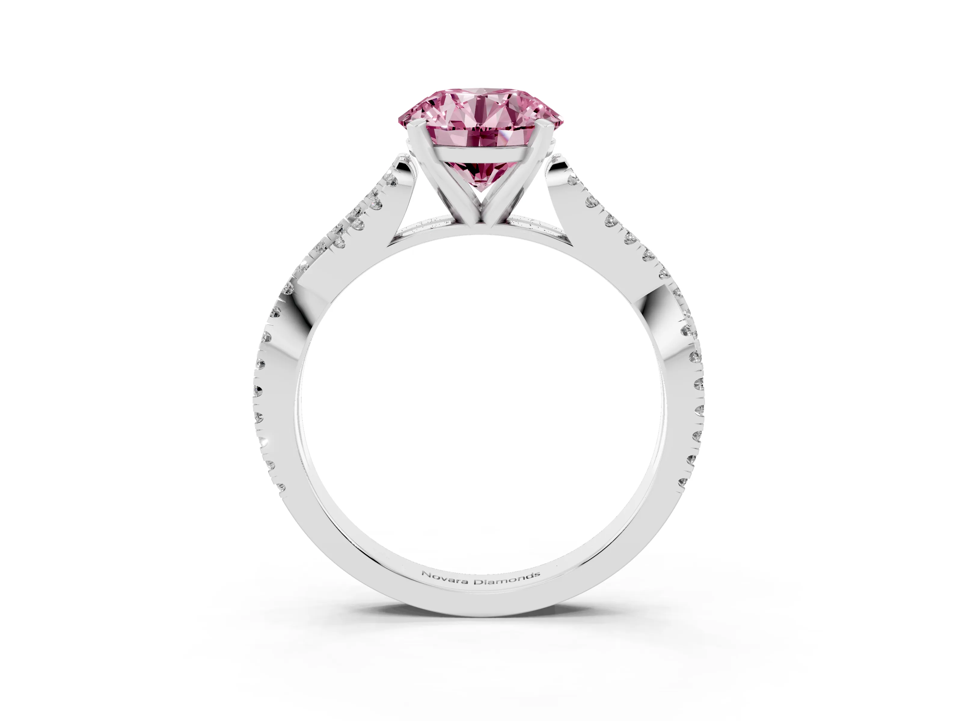 Fancy Pink Round Cut Diamond Solitaire Engagement Ring Set in Platinum with Twisted Pavé Band and Prong Setting