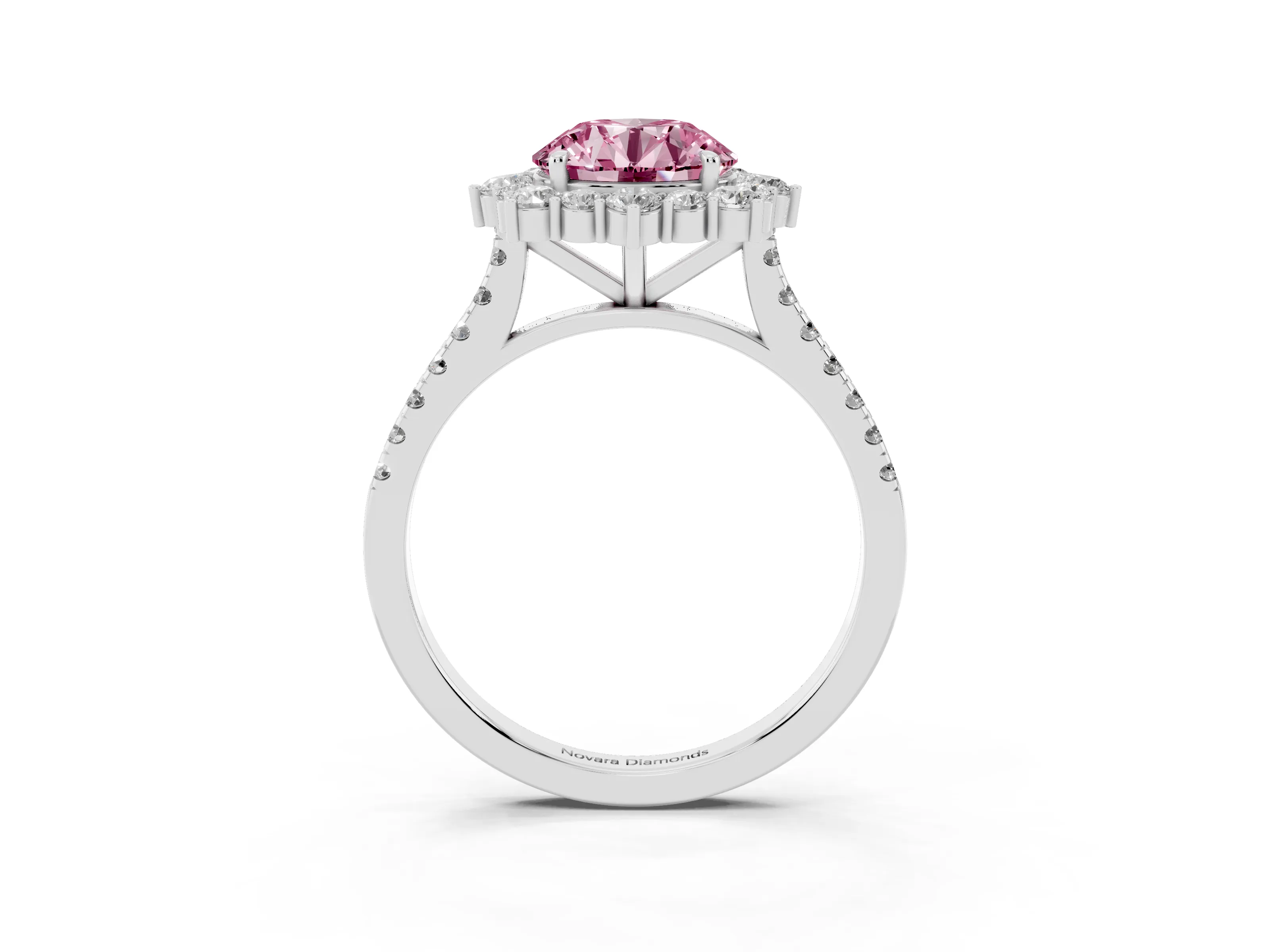 Fancy Pink Round Cut Diamond Halo Ring Set in Silver with Pavé Band and Prong Setting