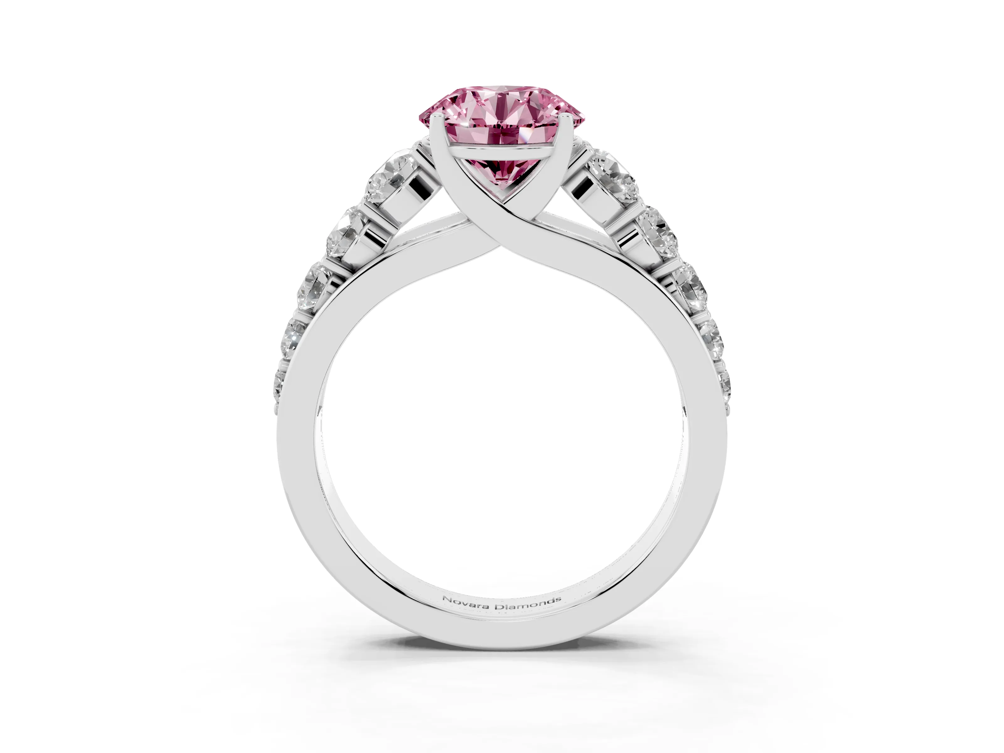 Fancy Pink Round Cut Diamond Solitaire Ring Set in White gold with Pavé-Set Band and Prong Setting