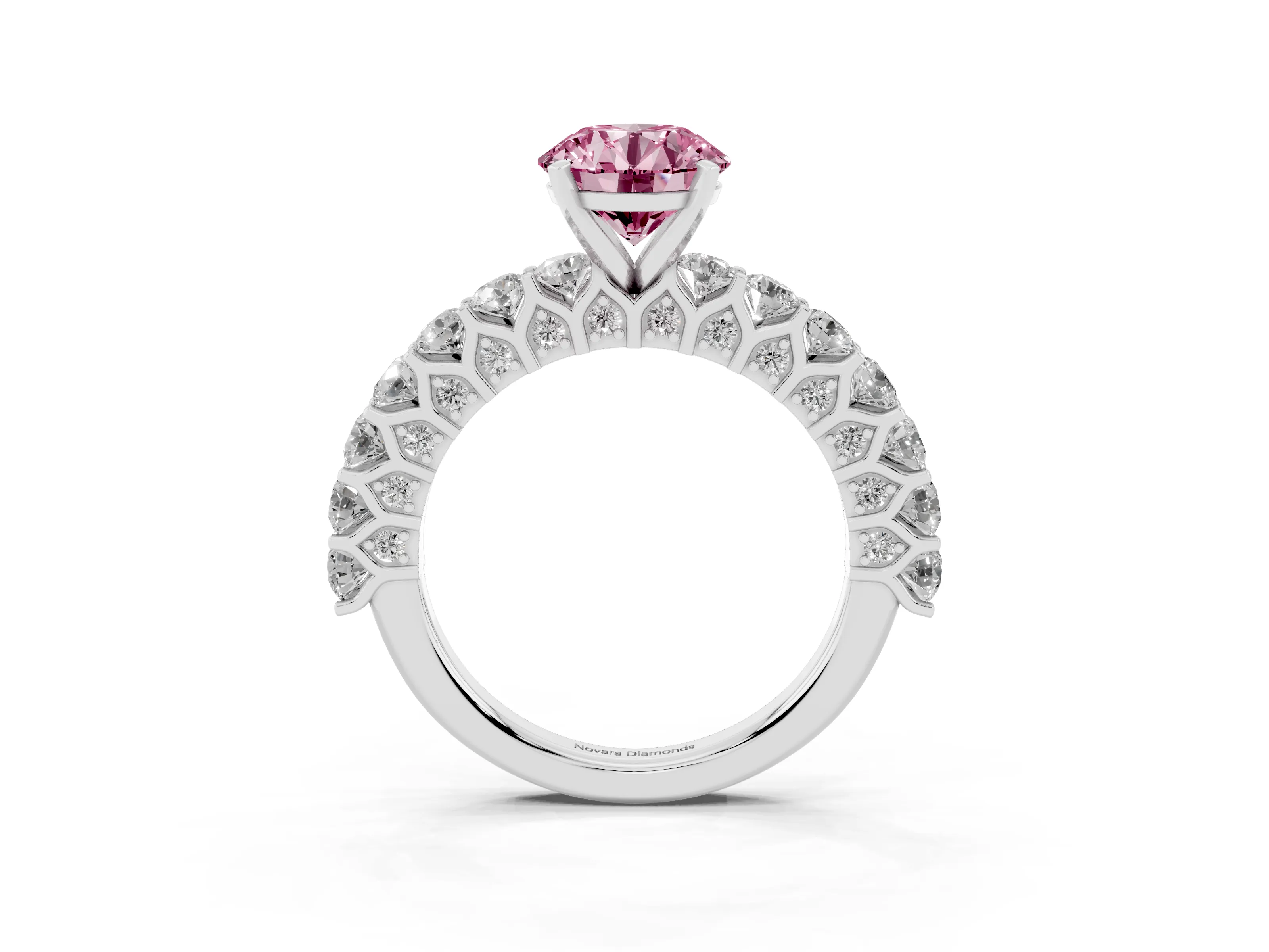 Fancy Pink Round Cut Diamond Solitaire Ring Set in Silver with Shared Prong Pavé Band