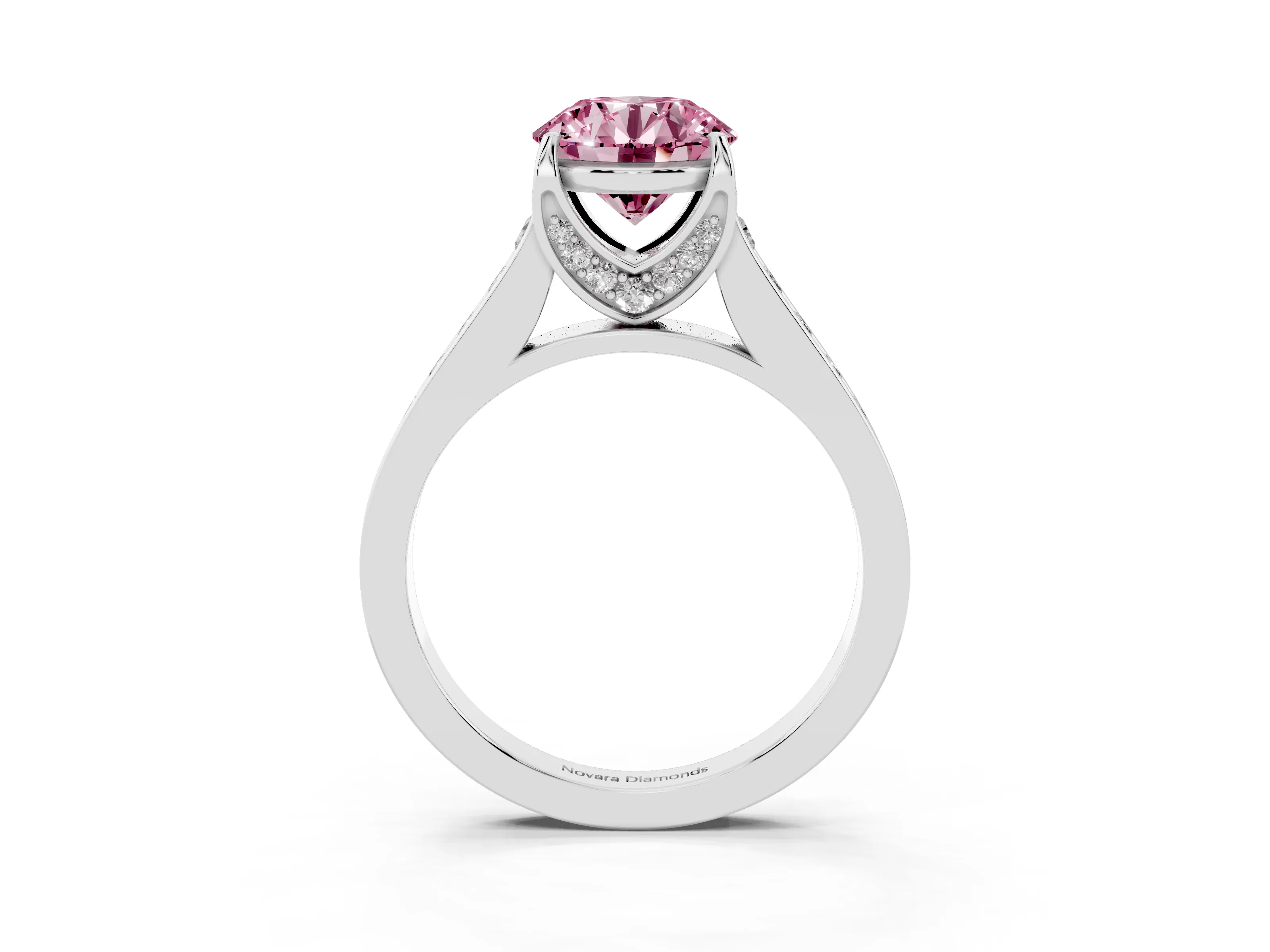 Fancy Pink Round Cut Diamond Solitaire Pavé Engagement Ring Set in White gold with Prong Setting