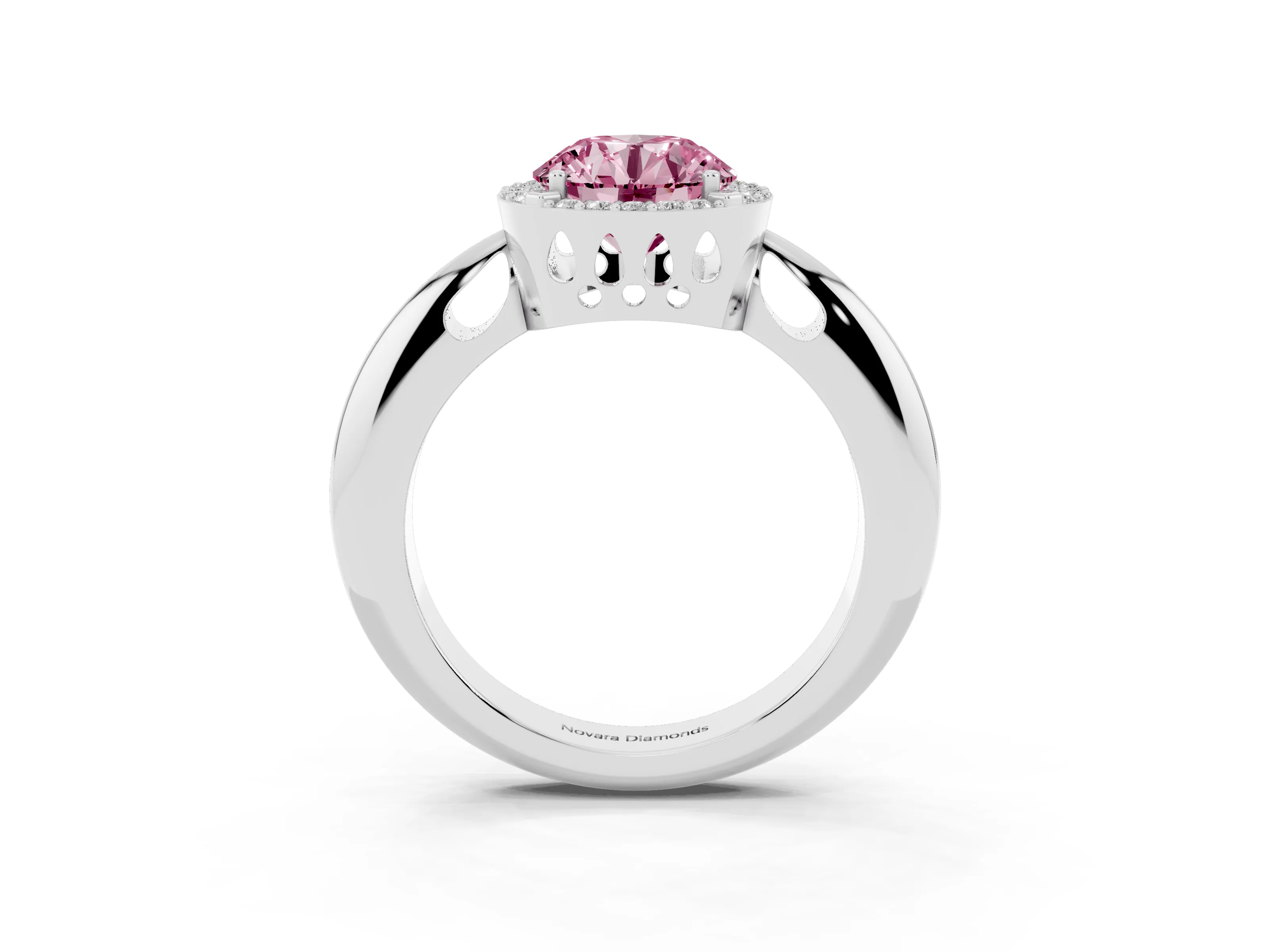 Fancy Pink Round Cut Diamond Halo Engagement Ring Set in Platinum with Plain Split Shank and Prong Setting