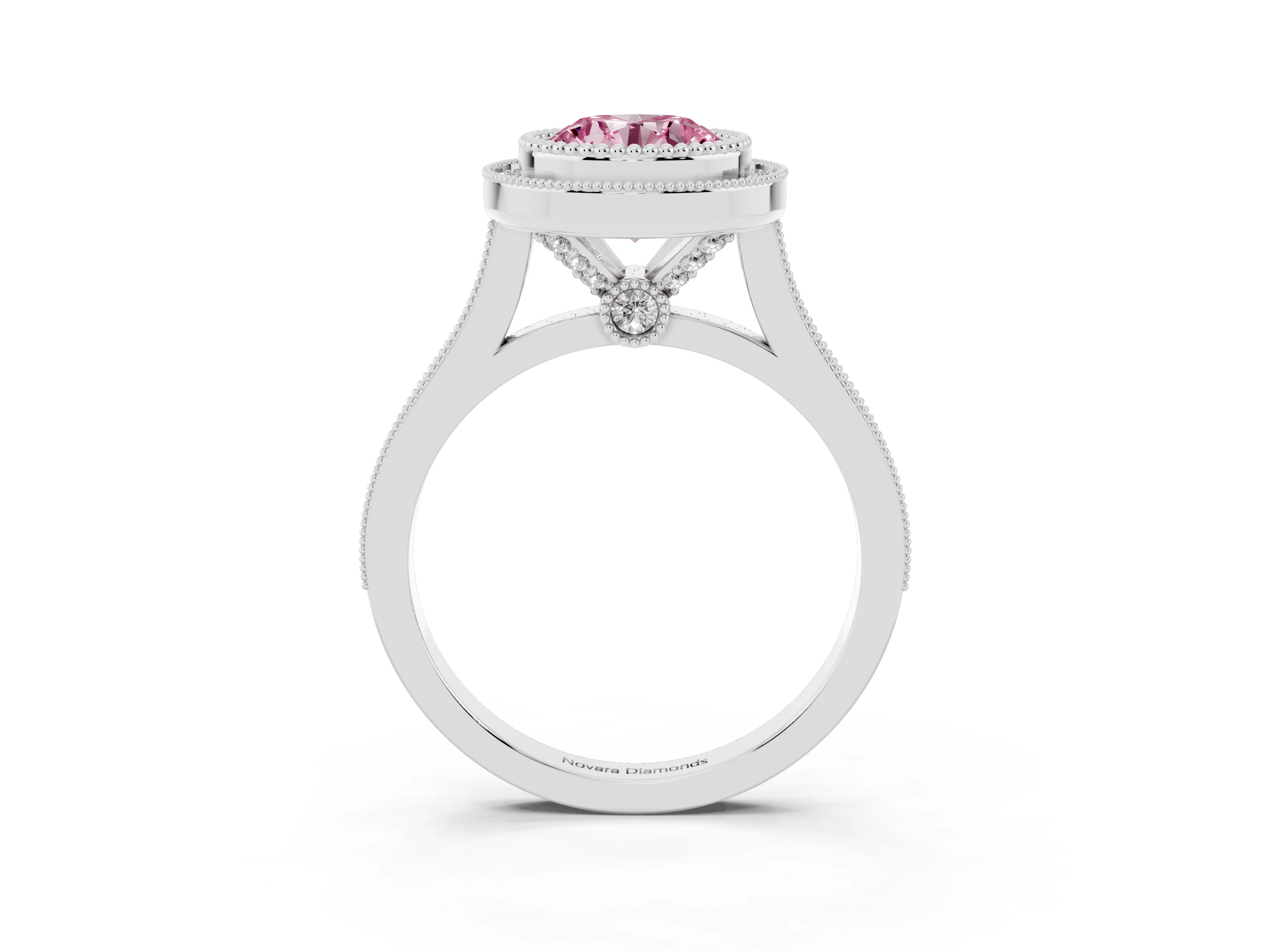 Fancy Pink Round Cut Diamond Halo Ring Set in White gold with Milgrain Frame and Pavé Band