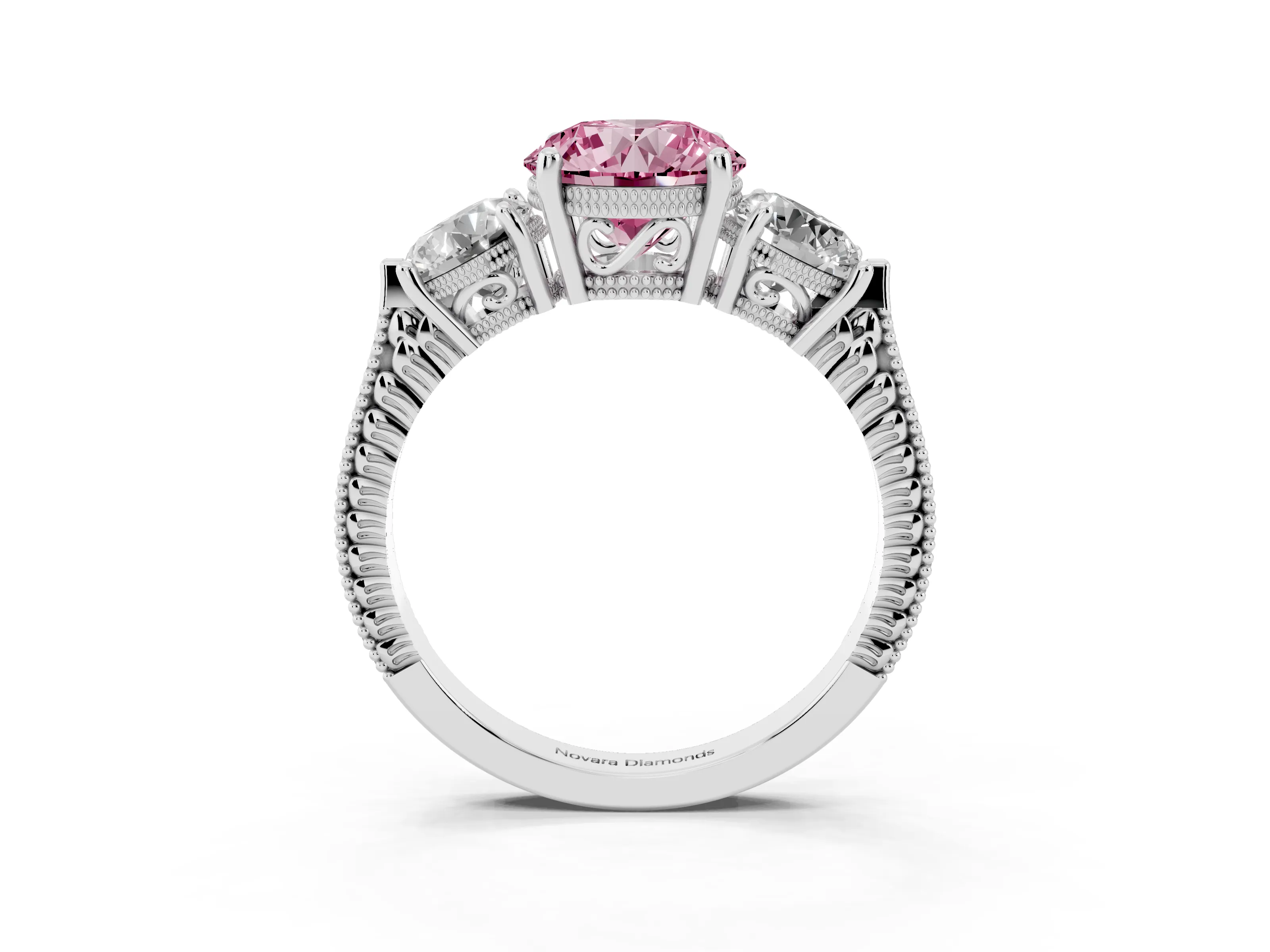 Fancy Pink Round Cut Diamond Three-Stone Ring Set in Platinum with Milgrain Band