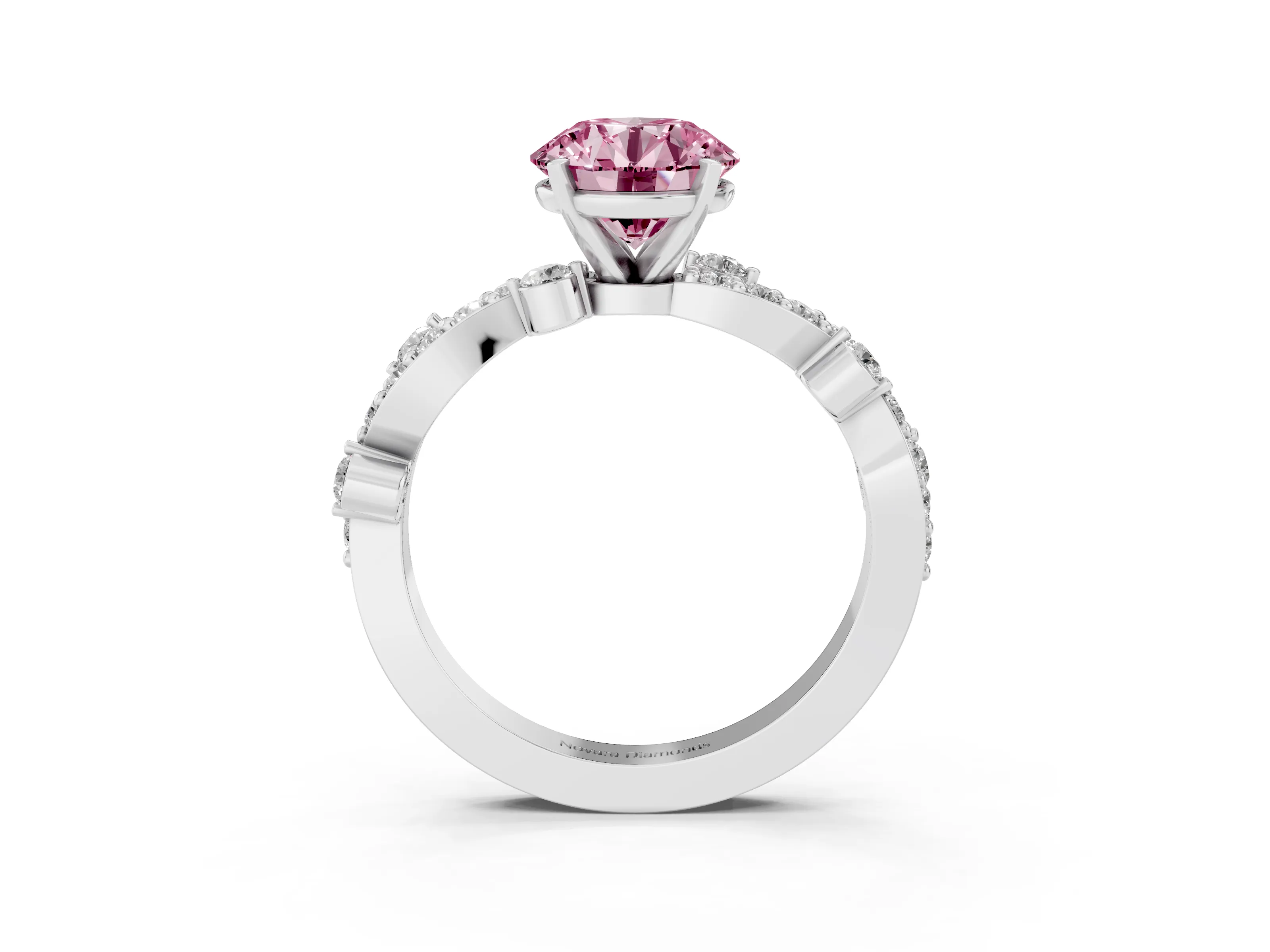 Fancy Pink Round Cut Diamond Solitaire Twisted Band Set in Platinum with Pavé Setting