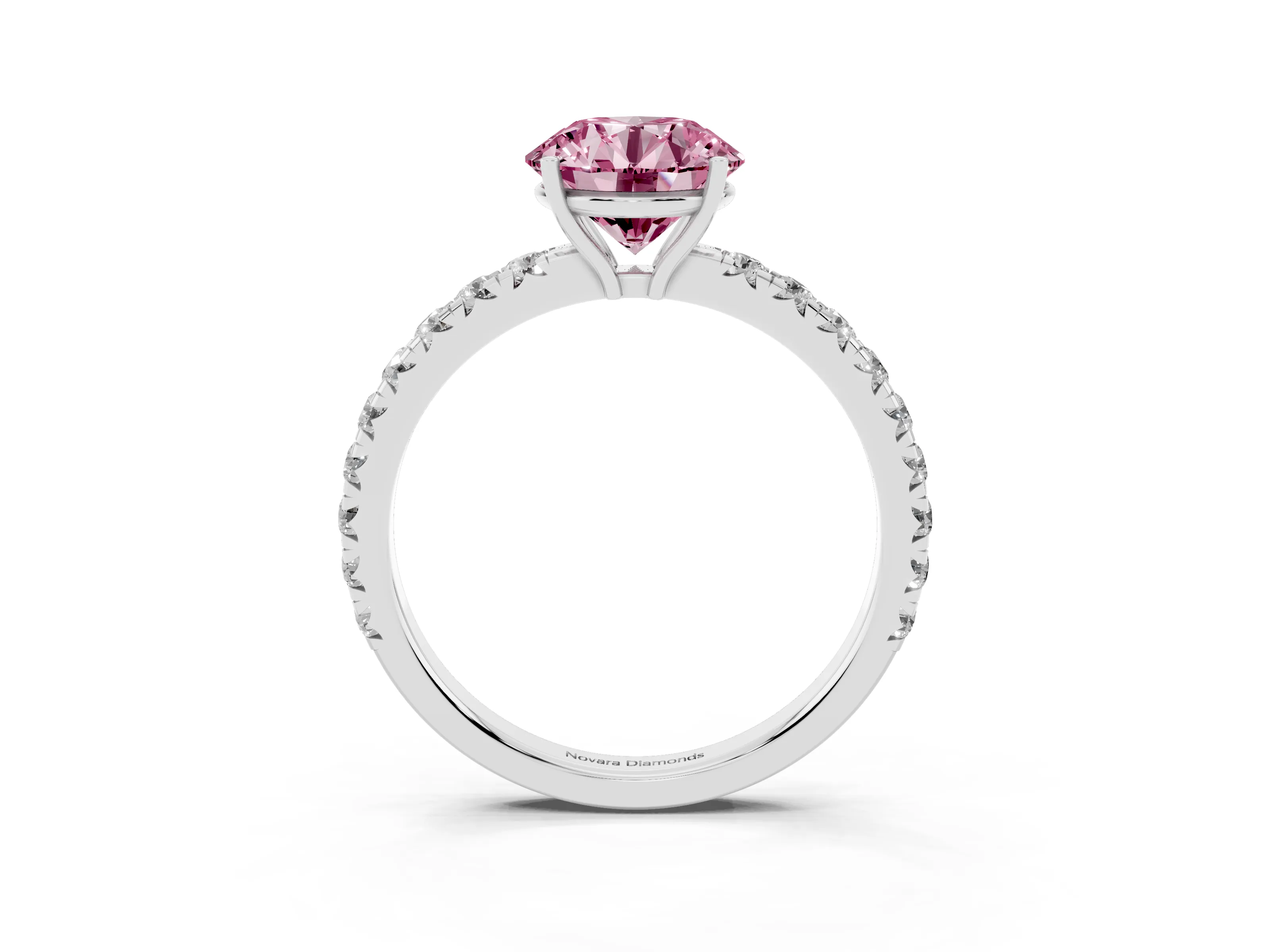 Fancy Pink Round Cut Diamond Pavé Solitaire Engagement Ring Set in White gold with Prong Setting