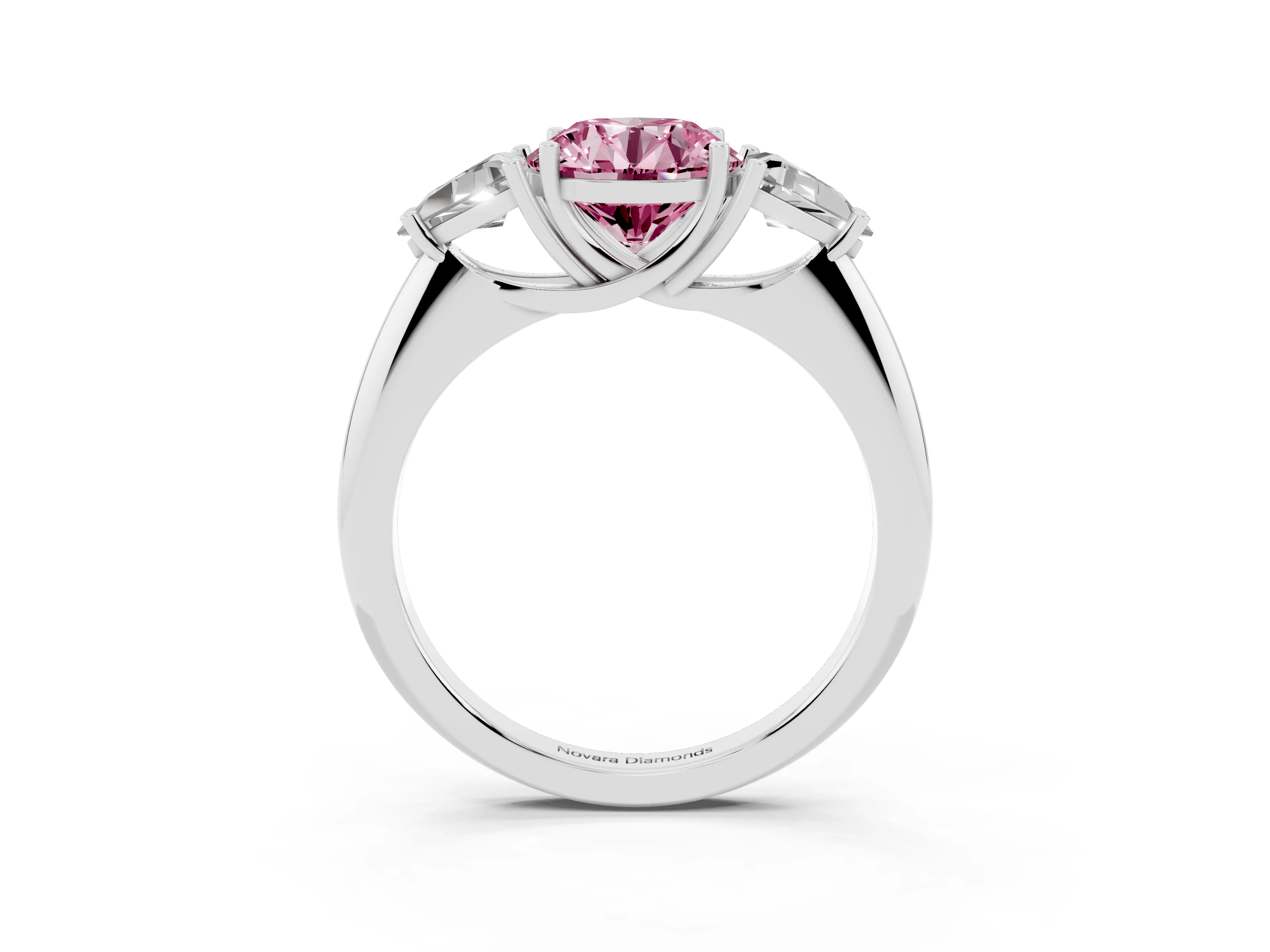 Fancy Pink Round Cut Diamond Three-Stone Engagement Ring Set in White gold with Trillion Side Stones