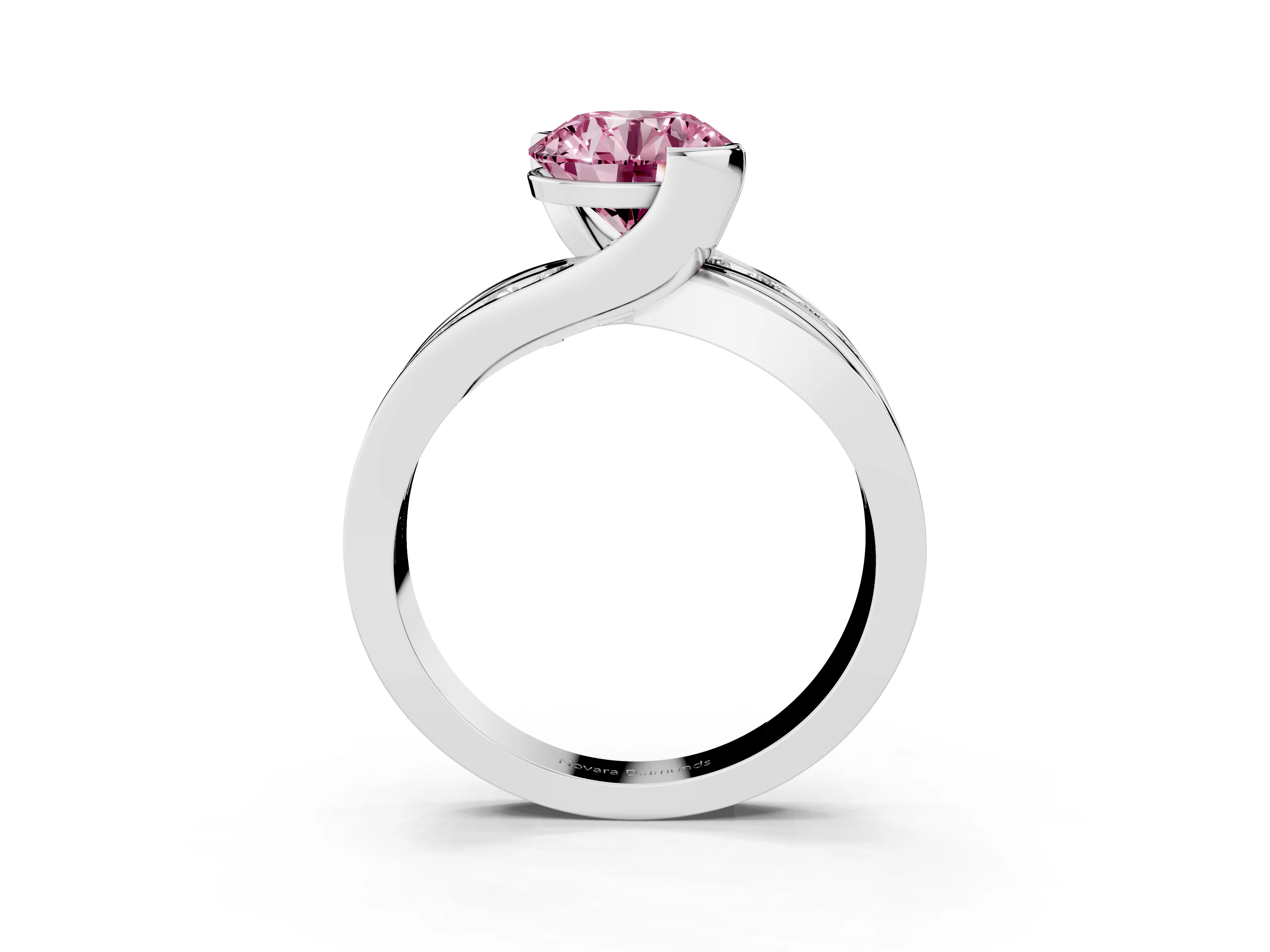 Fancy Pink Round Cut Diamond Solitaire Ring Set in Silver with Channel Set Split Shank and Tension Prongs