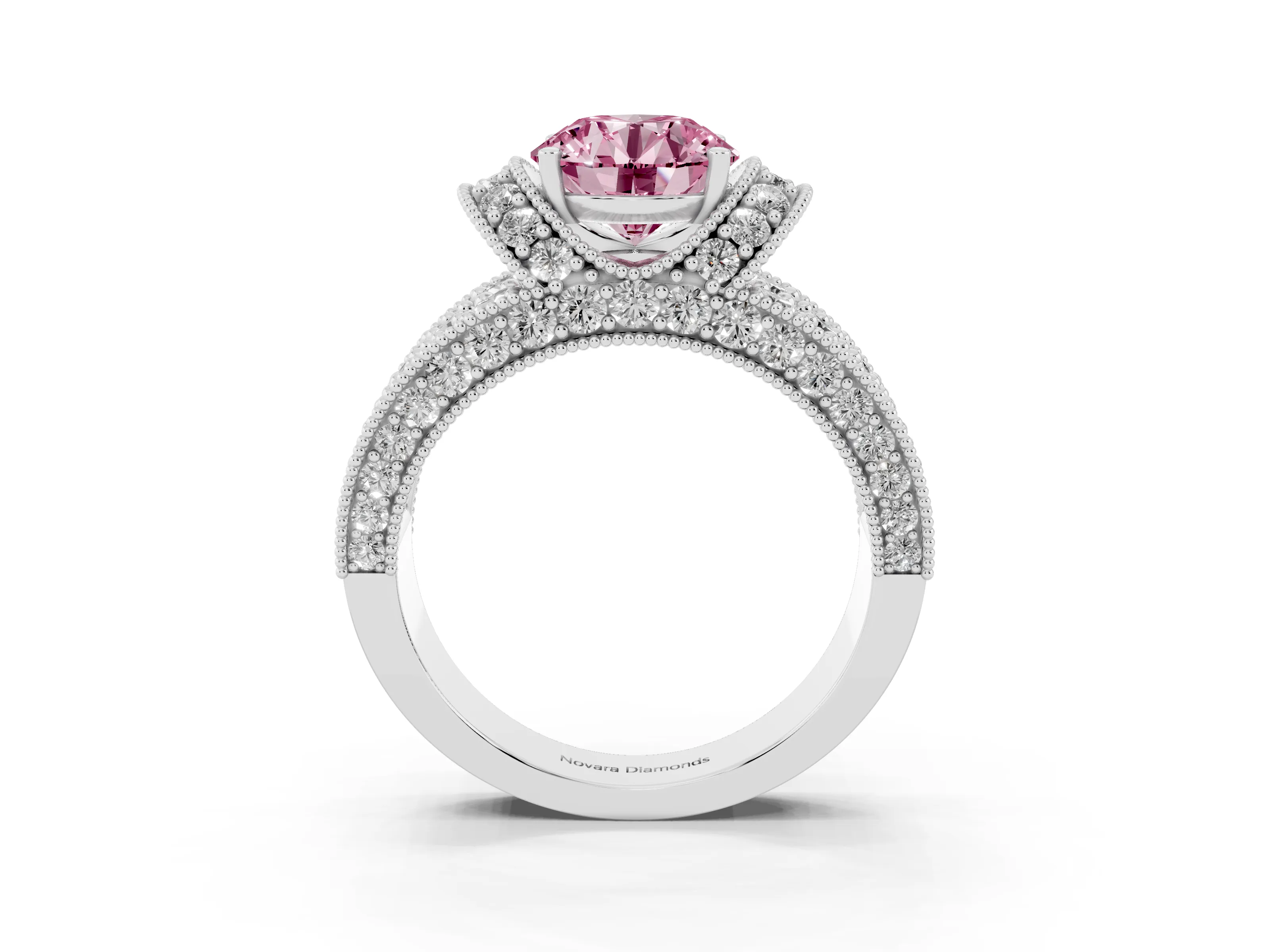 Fancy Pink Round Cut Diamond Milgrain Halo Pavé Engagement Ring Set in Silver with Prong Setting