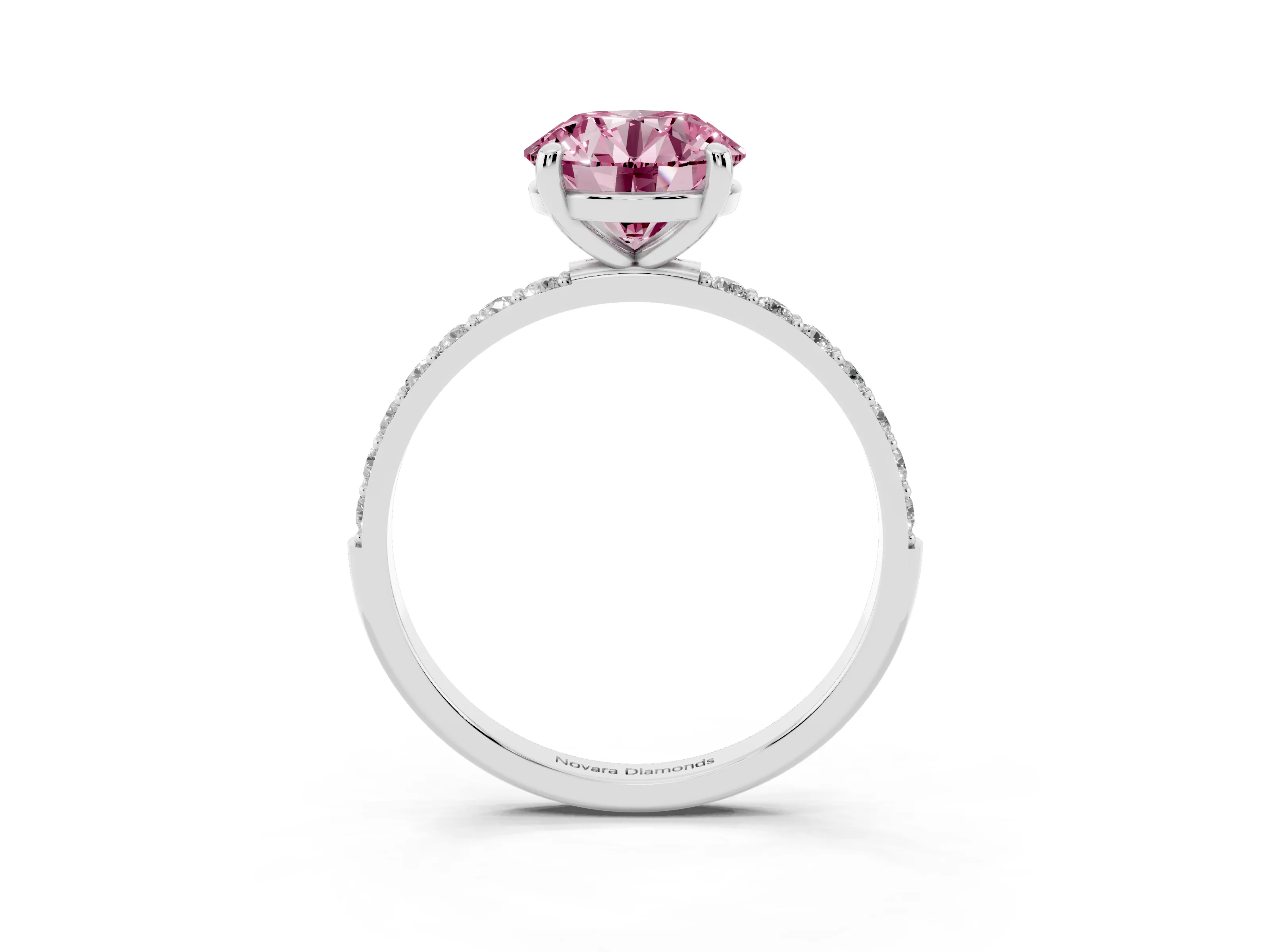 Fancy Pink Round Cut Diamond Solitaire Ring Set in Platinum with Round Pavé Band and Prong Setting