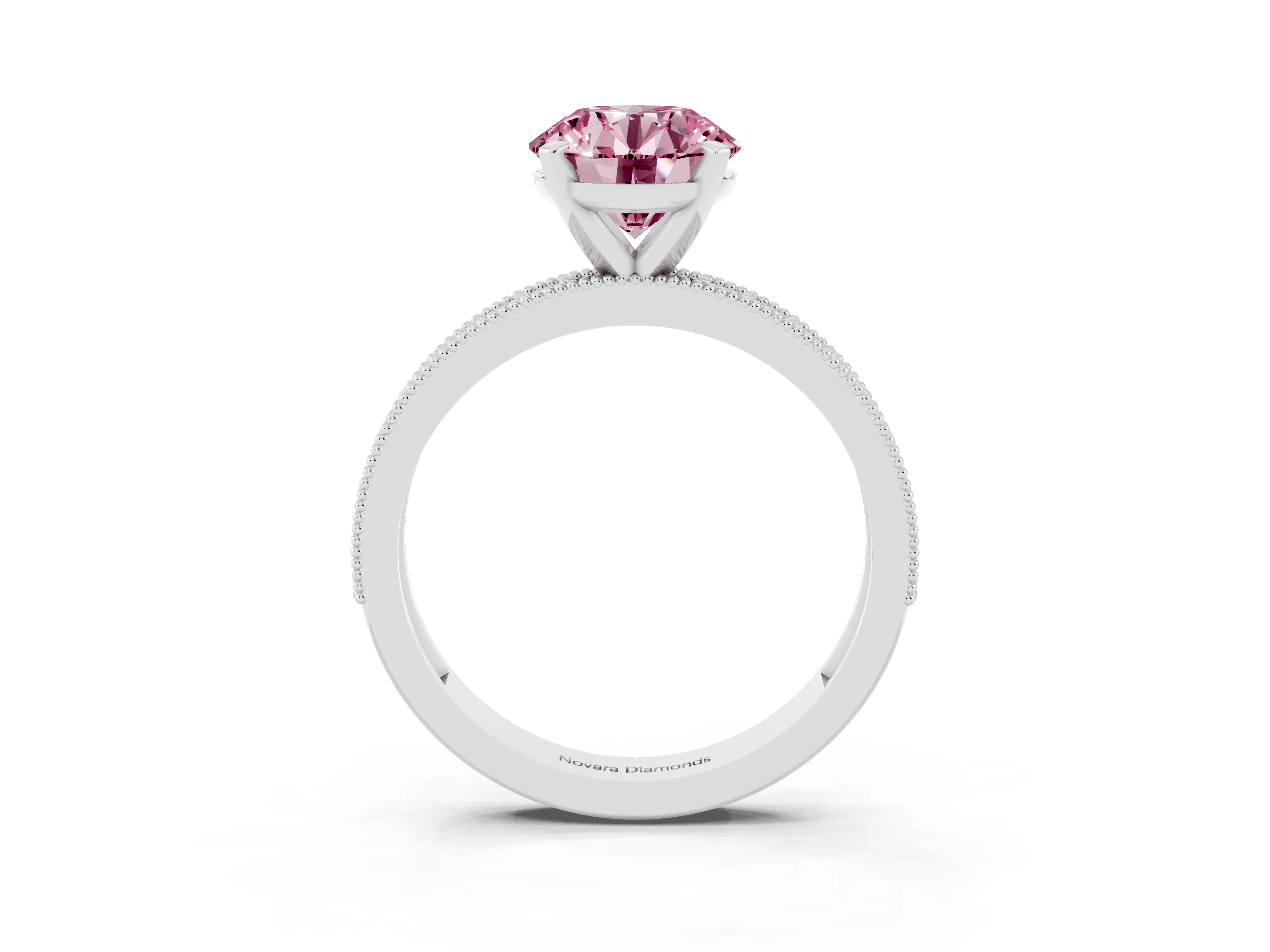 Fancy Pink Round Cut Diamond Milgrain Pavé Engagement Ring Set in Platinum with Prong Setting