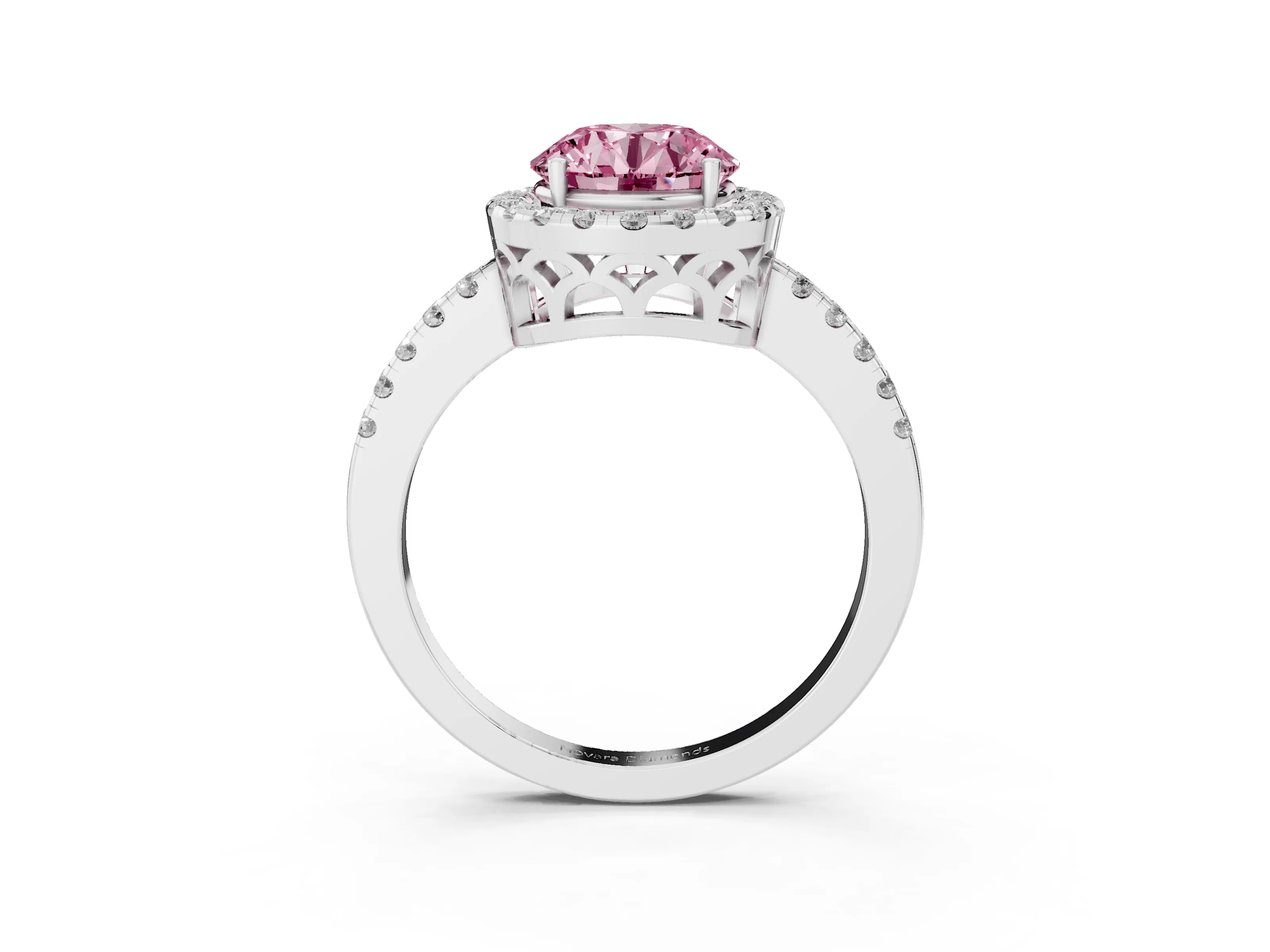 Fancy Pink Round Cut Diamond Pavé Band Halo Engagement Ring Set in Silver with Prong Setting
