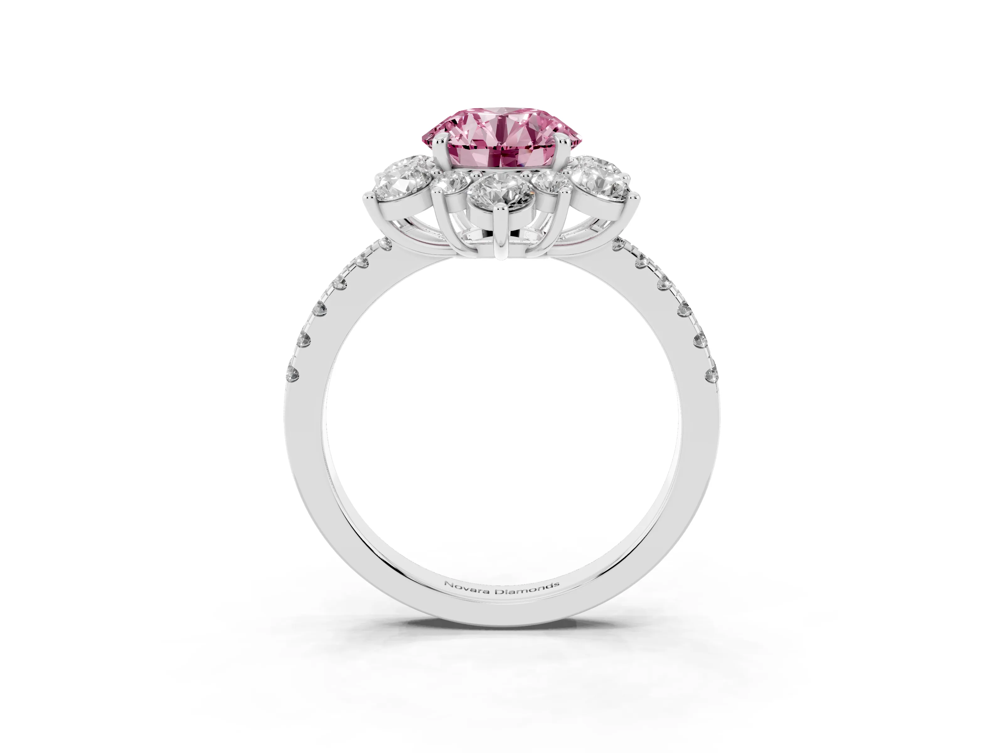 Fancy Pink Round Cut Diamond Floral Halo Ring Set in Platinum with Round Pavé Band and Prong Setting