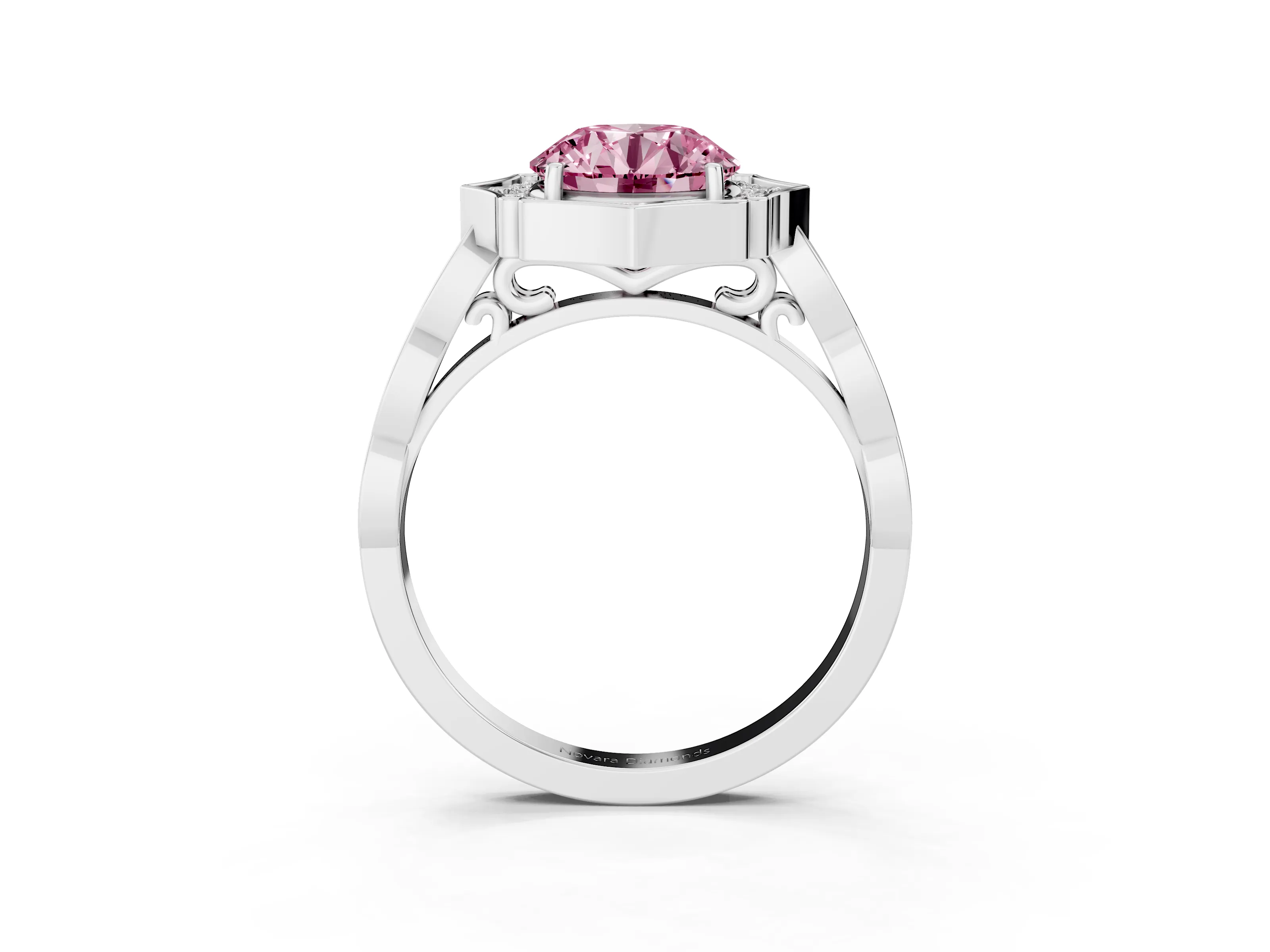 Fancy Pink Round Cut Diamond Halo Engagement Ring Set in Platinum with Milgrain Band and Prong Setting