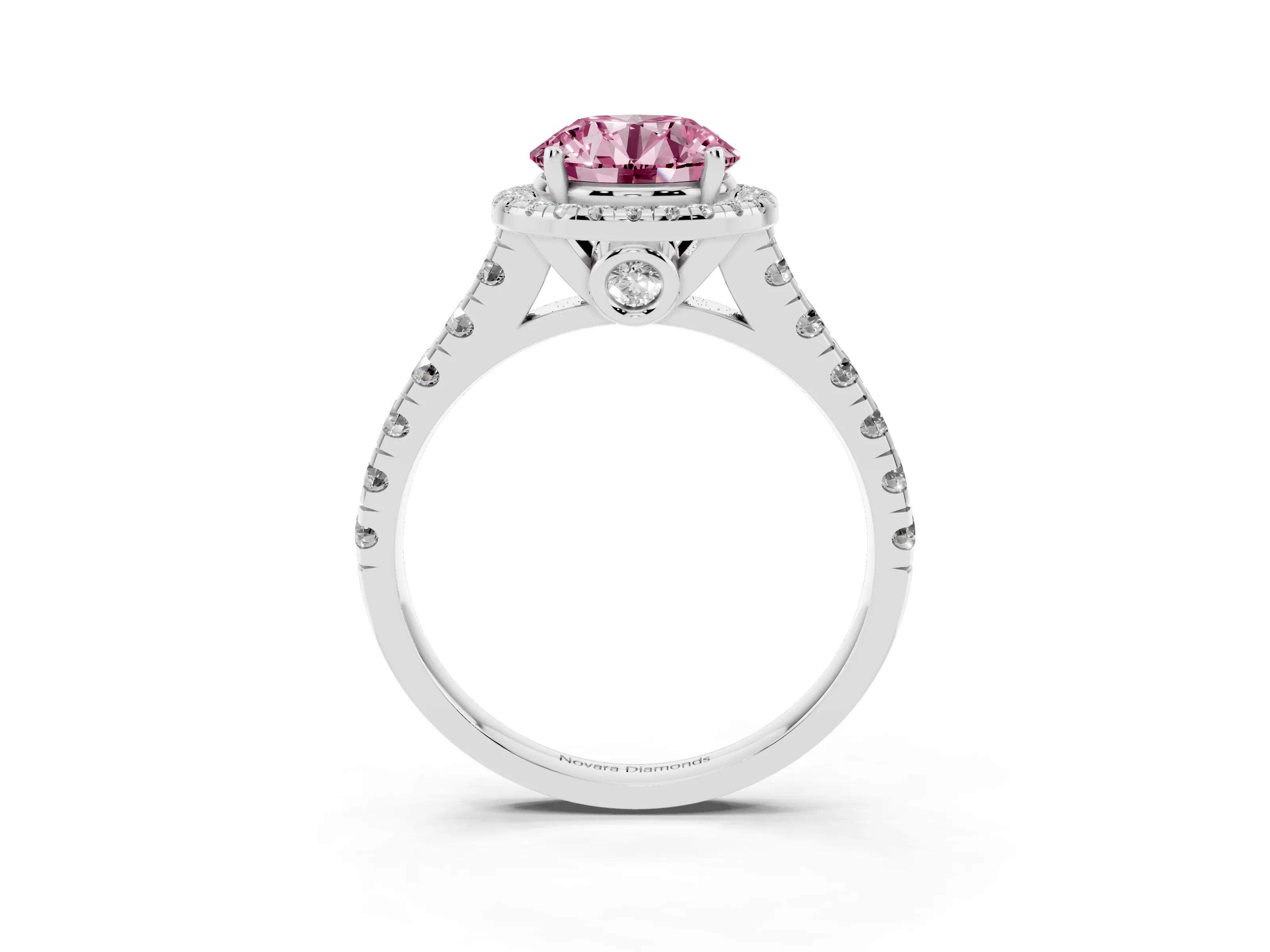 Fancy Pink Round Cut Diamond Halo Engagement Ring Set in Platinum with Pavé Band and Prong-Set Center