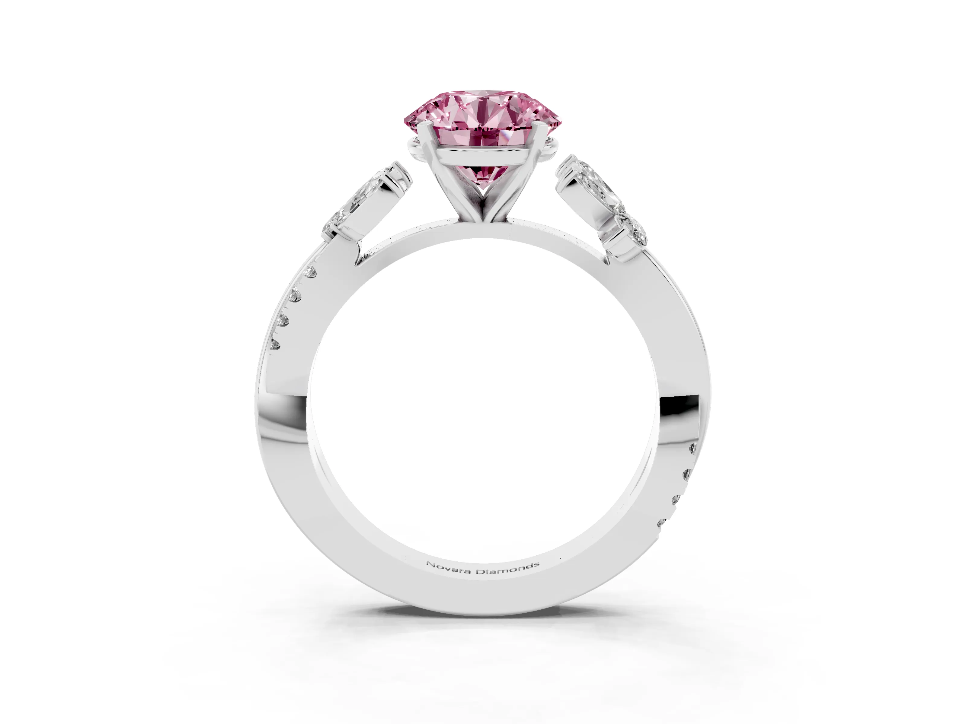 Fancy Pink Round Cut Diamond Floral Vine Solitaire Engagement Ring Set in White gold with Marquise Leaves