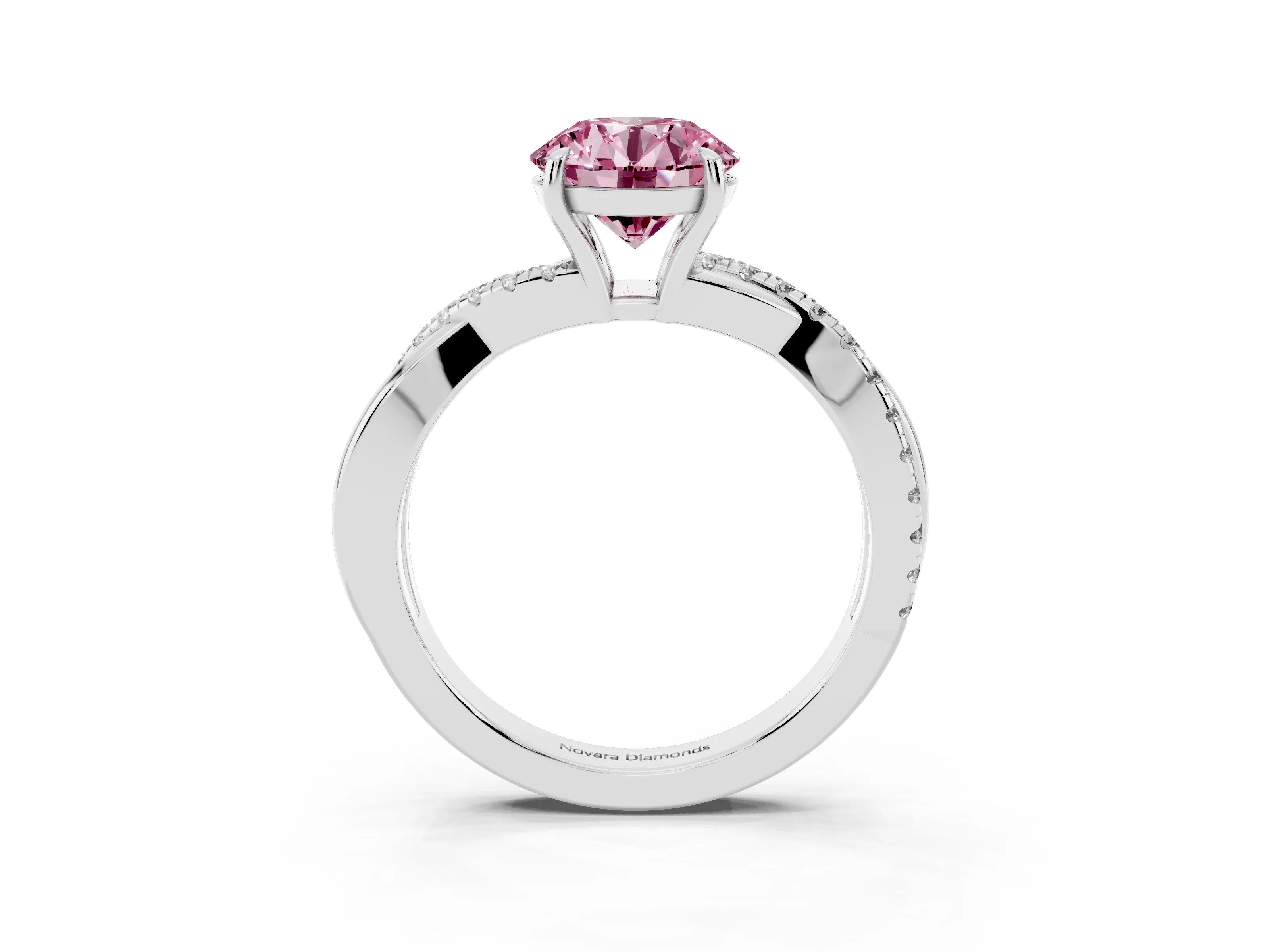 Fancy Pink Round Cut Diamond Twisted Pavé Band Ring Set in Silver with Prong Setting