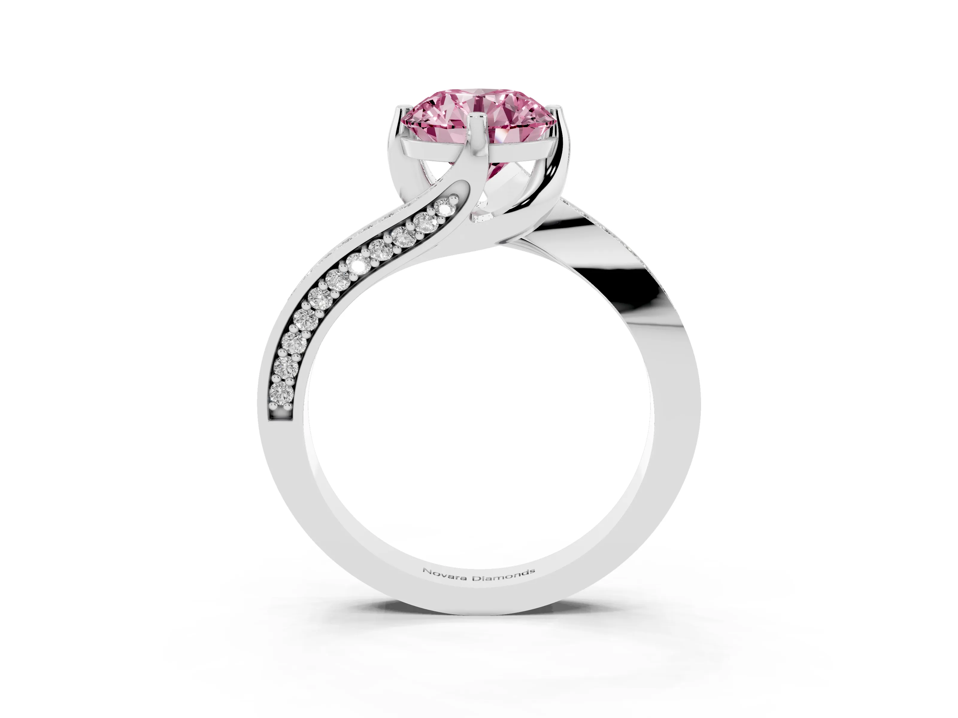 Fancy Pink Round Cut Diamond Solitaire Ring Set in Silver with Intertwined Pavé Twist Band