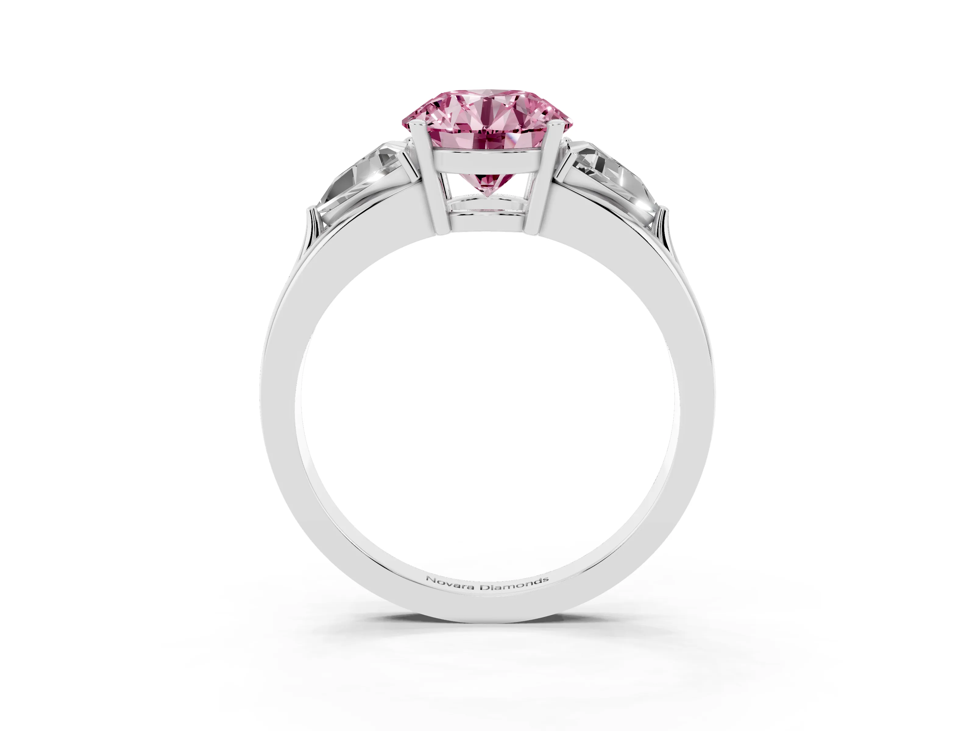 Fancy Pink Round Cut Diamond Three-Stone Ring Set in Silver with Trillion Side Stones and Split Shank