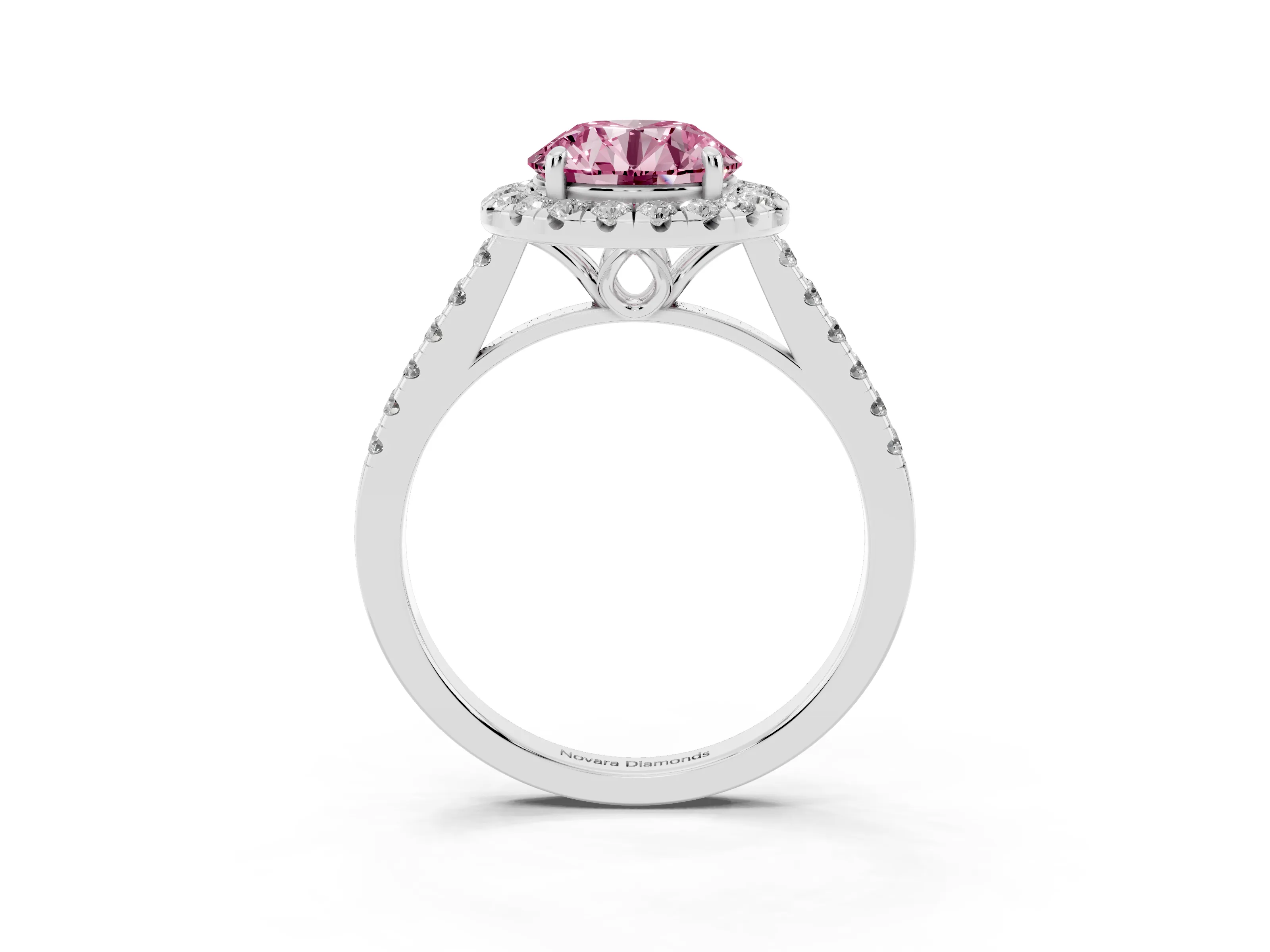 Fancy Pink Round Cut Diamond Pavé Halo Engagement Ring Set in White gold with Pavé Band and Prong Setting