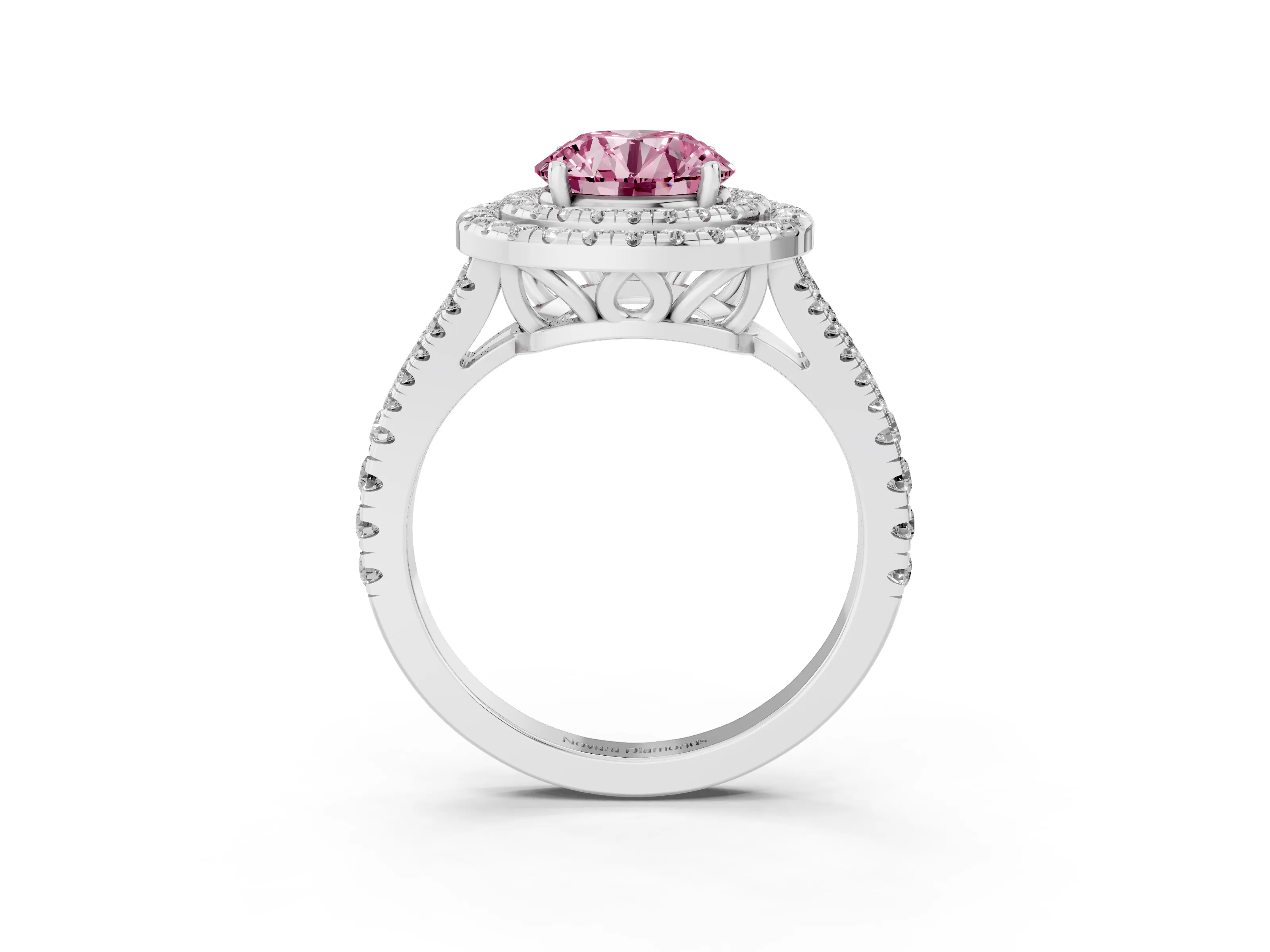 Fancy Pink Round Cut Diamond Double Halo Ring Set in White gold with Pavé Band